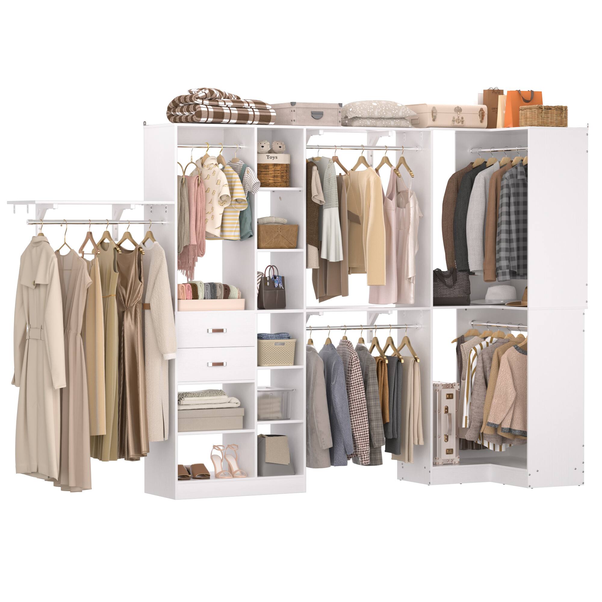 Angle. Aheaplus - 127.5'' Corner Closet Organizer System Set of 2 with Drawers, Hanging Rod and Adjustable Shelves, Reversible - White.