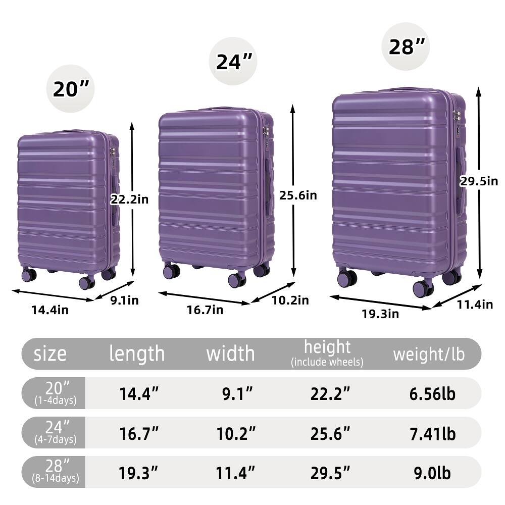 20"  
24"  
28"  
22.2in  
25.6in  
29.5in  
14.4in  
9.1in  
16.7in  
10.2in  
19.3in  
11.4in  
size 20" (1-4days)  
length 14.4"  
width 9.1"  
height weight/lb (include wheels) 22.2" 6.56lb  
24" (4-7days) 28" (8-14days)  
16.7" 19.3"  
10.2" 11.4"  
25.6" 29.5"  
7.41lb 9.0lb