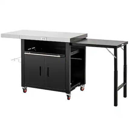 Front. FEASTO - Outdoor Kitchen Island With 2 Foldable Side Tables - Black.