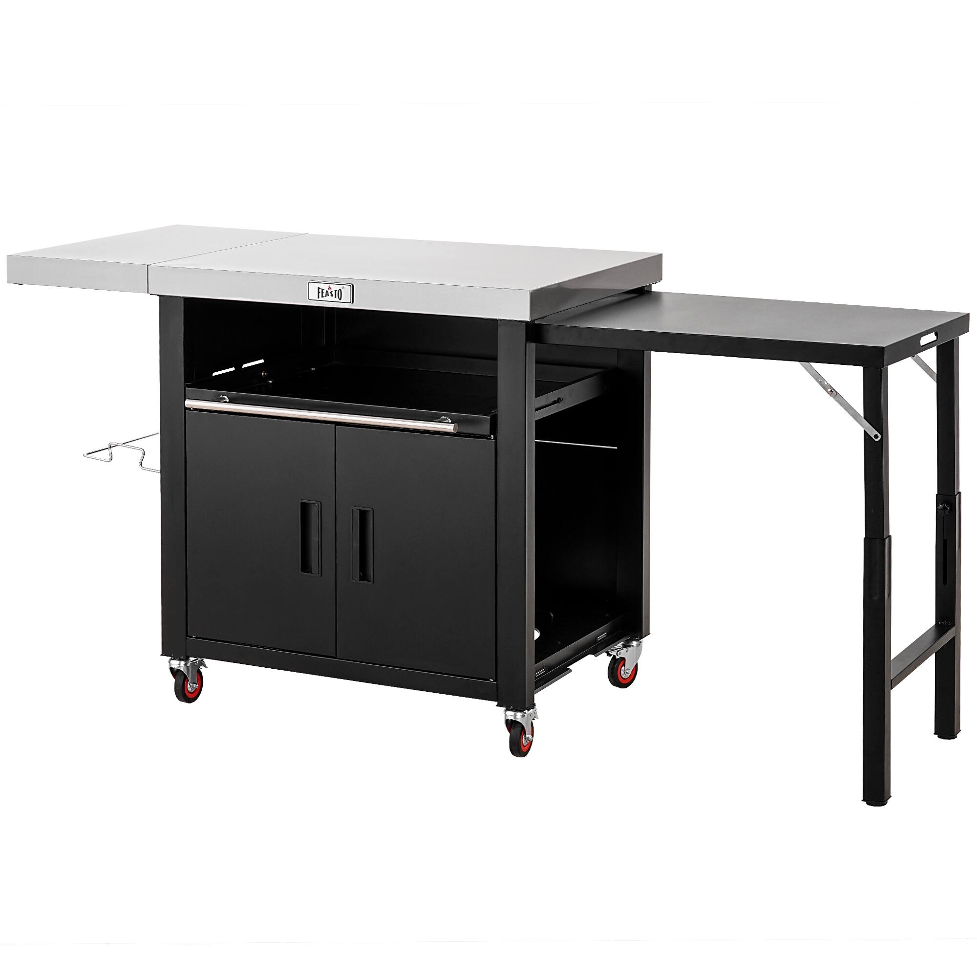 Front. FEASTO - Outdoor Kitchen Island With 2 Foldable Side Tables - Black.