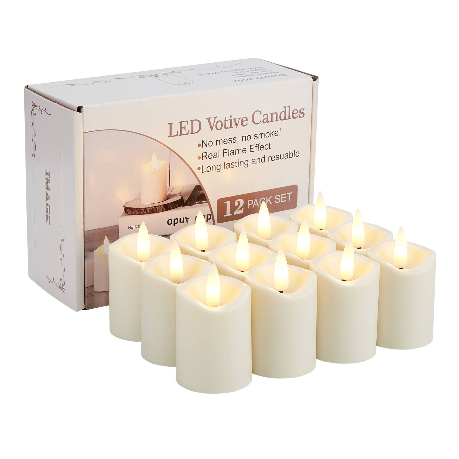 Jeeper IMAGE  
SCHEN  
FOODS VITAMIN  
sunger Misherissi, CR2032  
- Specification: LED Votive Candles  
  - No mess, no smoke!  
  - Real Flame Effect  
  - Long lasting and reusable  
PACK SET 12