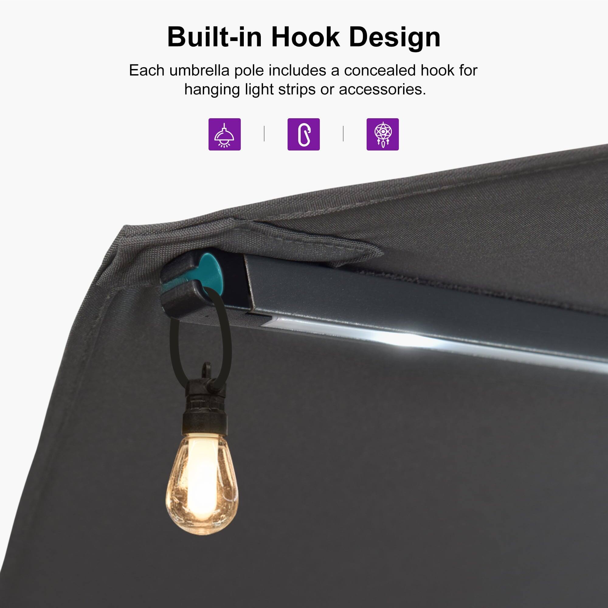 Built-in Hook Design  
Each umbrella pole includes a concealed hook for hanging light strips or accessories.