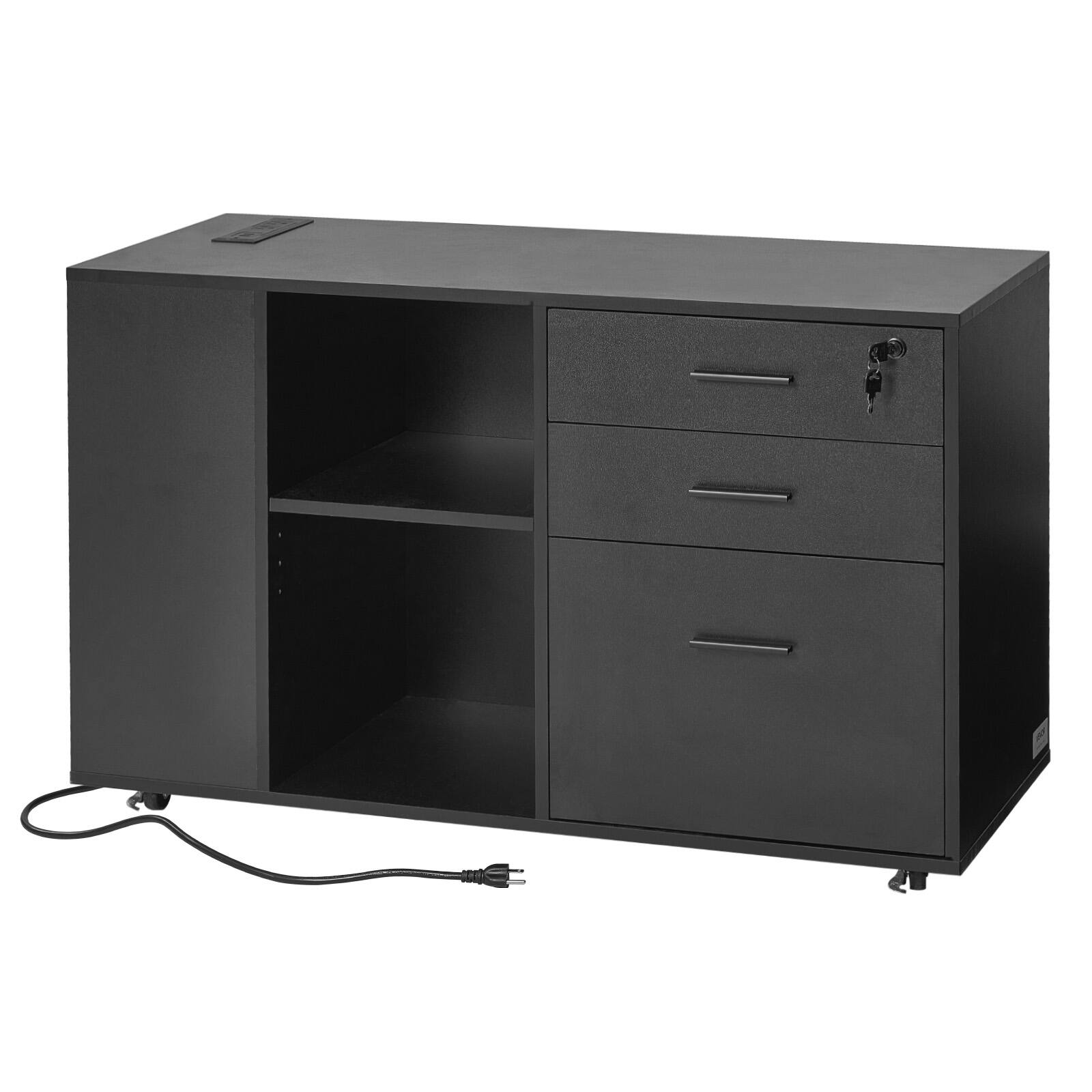 Alt View 5. VEVOR - 3 Drawer Wooden File Cabinet, Mobile Filing Cabinet with Power Strip,Lockable Rolling File Storage with Shelves&5 Wheels - Black.