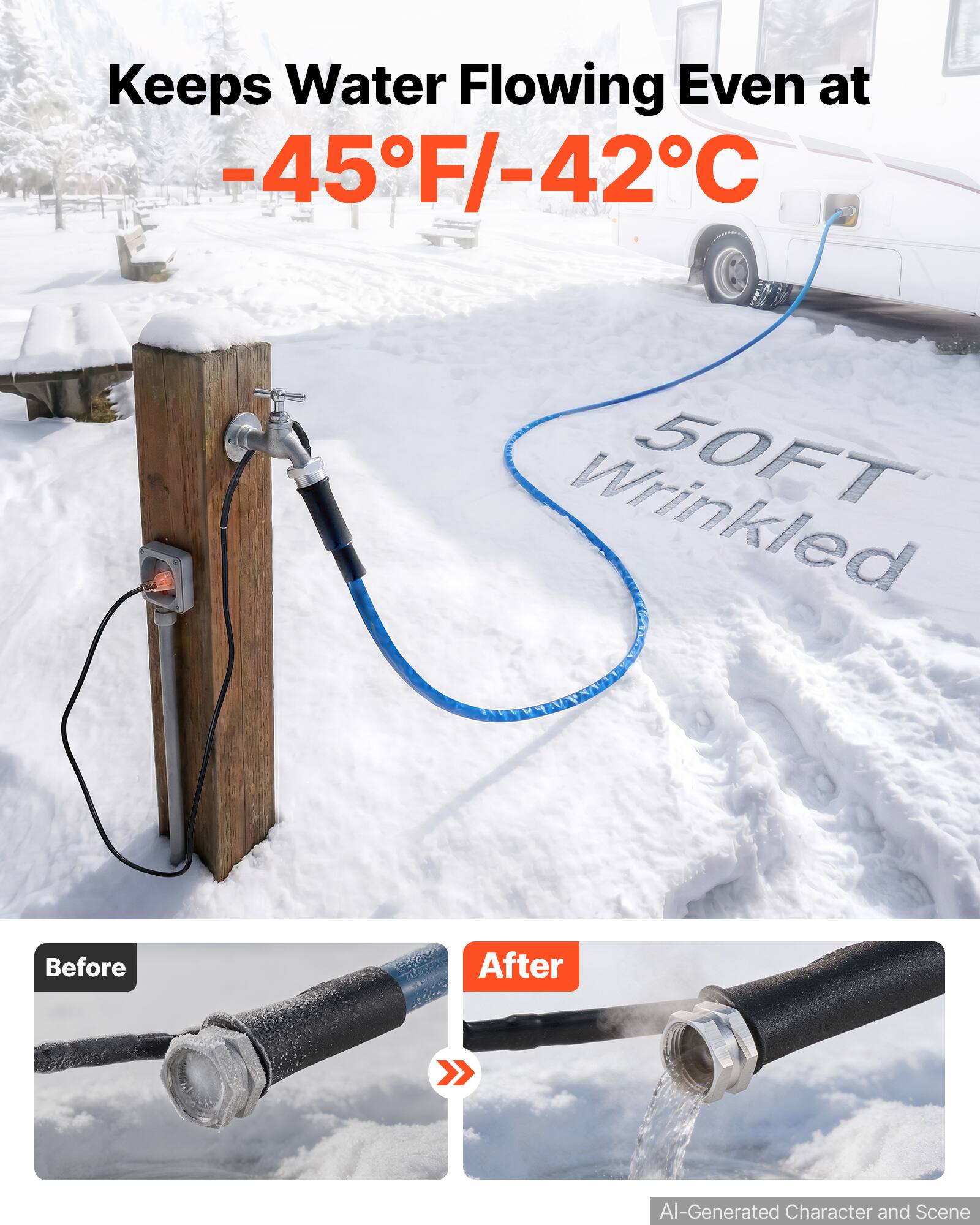 Keeps Water Flowing Even at -45°F/-42°C

50FT Wrinkled

Before

After

AI-Generated Character and Scene