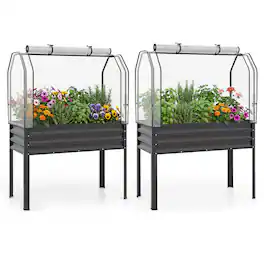 Costway - 2 PCS Galvanized Raised Garden Bed with Legs Roll-up Door for Vegetable Flower Herb - Black