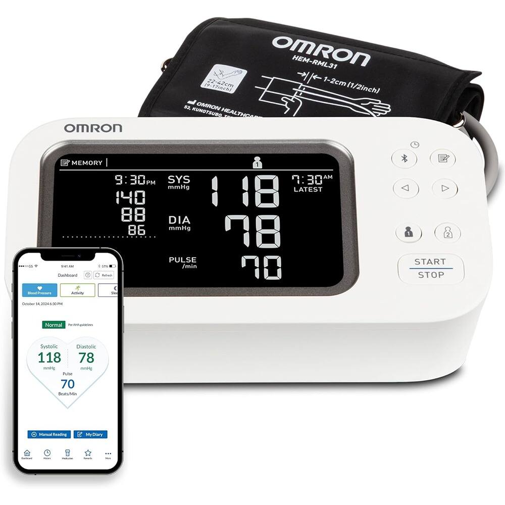 Sure, here is the corrected and grouped text:

---

**OMRON HEM-RML31**  
22-62cm (1-2cm / 1/2 inch)

**OMRON HEALTHCARE**  
53, KEMOTSUZU, OSAKA, JAPAN

**Blood Pressure Monitor**  
- Memory: 9:30 PM  
- SYS: 140 mmHg  
- DIA: 88 mmHg  
- PULSE: 86 /min  
- LATEST: 7:30 AM  
- SYS: 118 mmHg  
- DIA: 78 mmHg  
- PULSE: 70 /min  

**Normal**  
- Systolic: 118 mmHg  
- Diastolic: 78 mmHg  
- Pulse: 70 Beat/min  

**START STOP**  
**PULSE /min**  

**OMRON**  
**HEM-RML31**  
**1-2cm (1/2 inch)**  

**Blood Pressure Dashboard**  
- October 14, 2024, 6:30