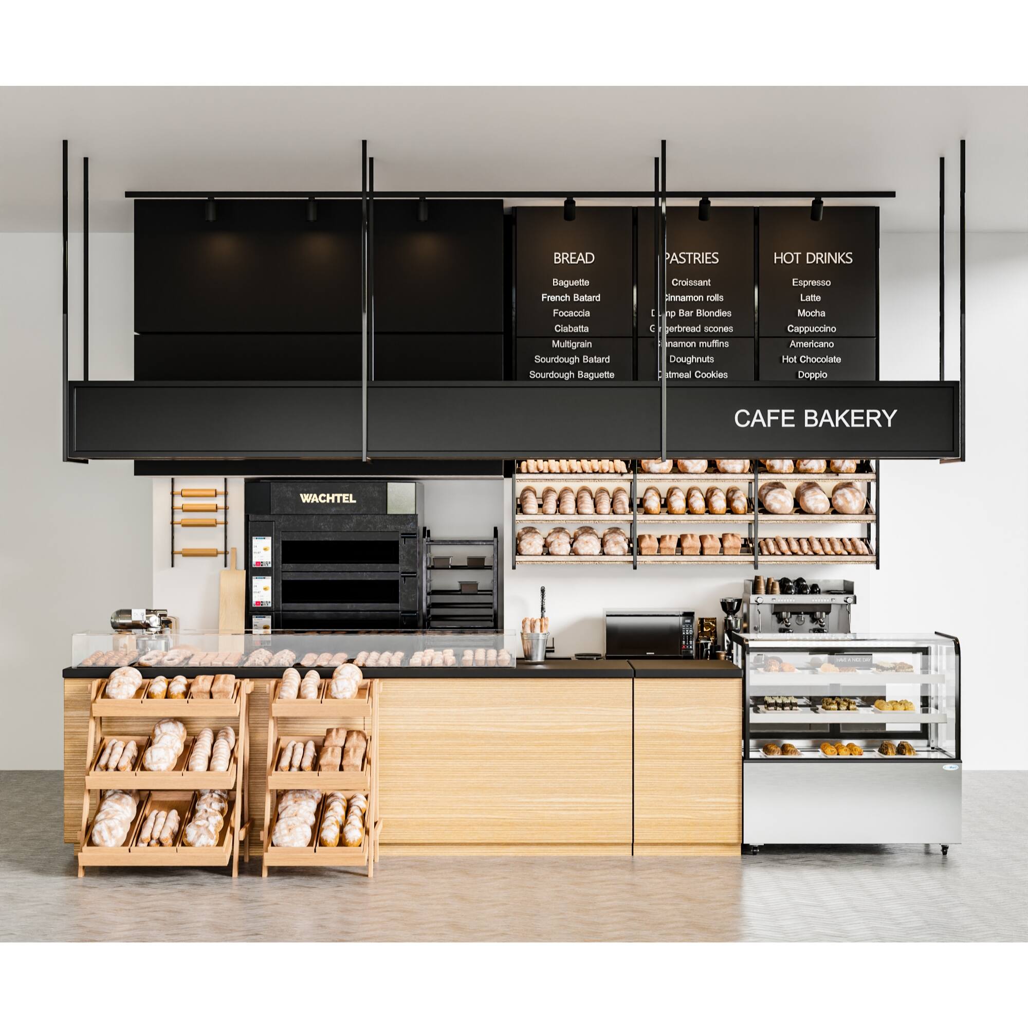 BREAD
Baguette
French Batard
Focaccia
Ciabatta
Multigrain
Sourdough
Sourdough Baguette

PASTRIES
Croissant
Cinnamon Rolls
Sourdough Scones
Muffins
Doughnuts

HOT DRINKS
Espresso
Latte
Mocha
Cappuccino
Americano
Hot Chocolate
Doppio

CAFE BAKERY
WACHTEL