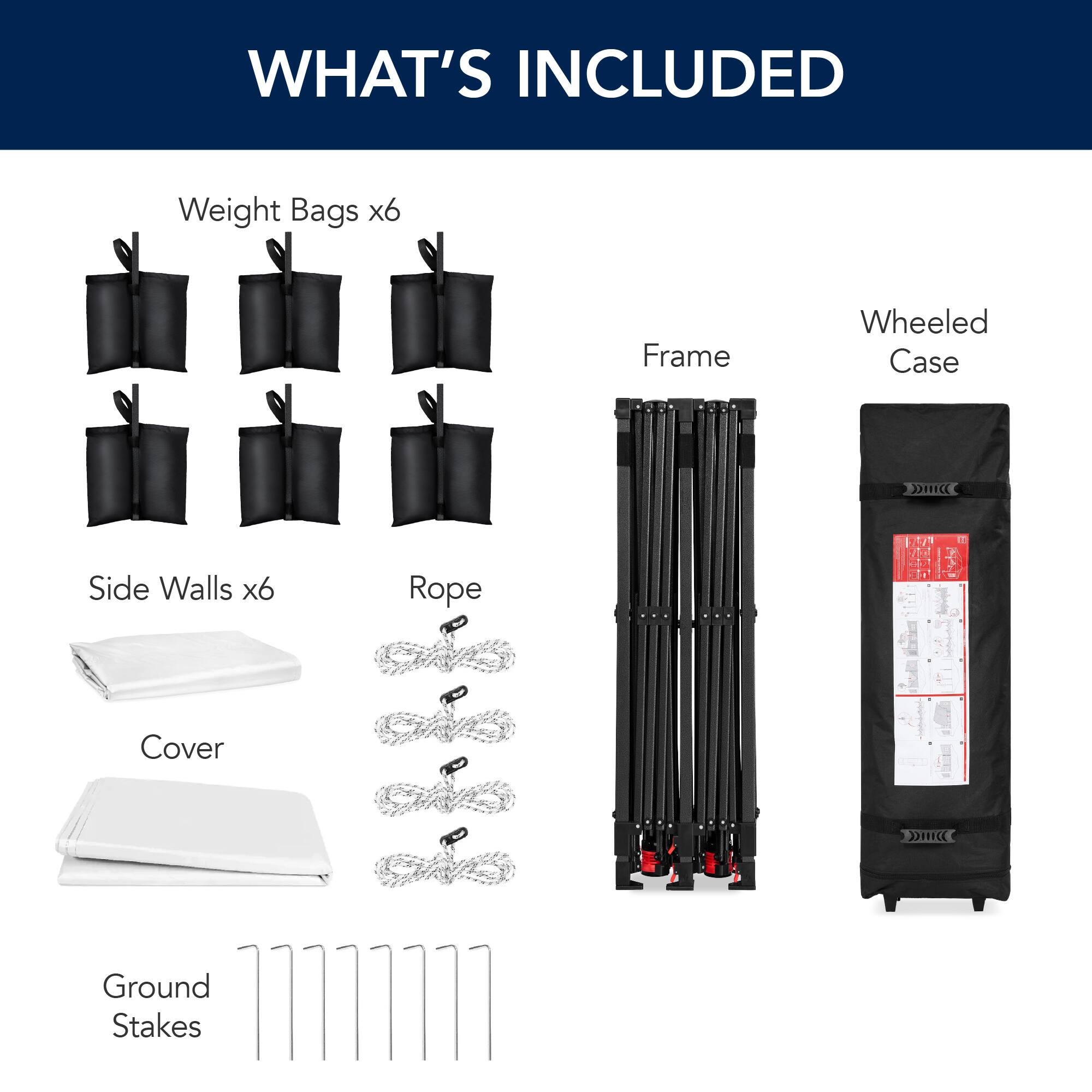 WHAT'S INCLUDED

- Weight Bags x6
- Frame
- Wheeled Case
- Side Walls x6
- Rope
- Cover
- Ground Stakes