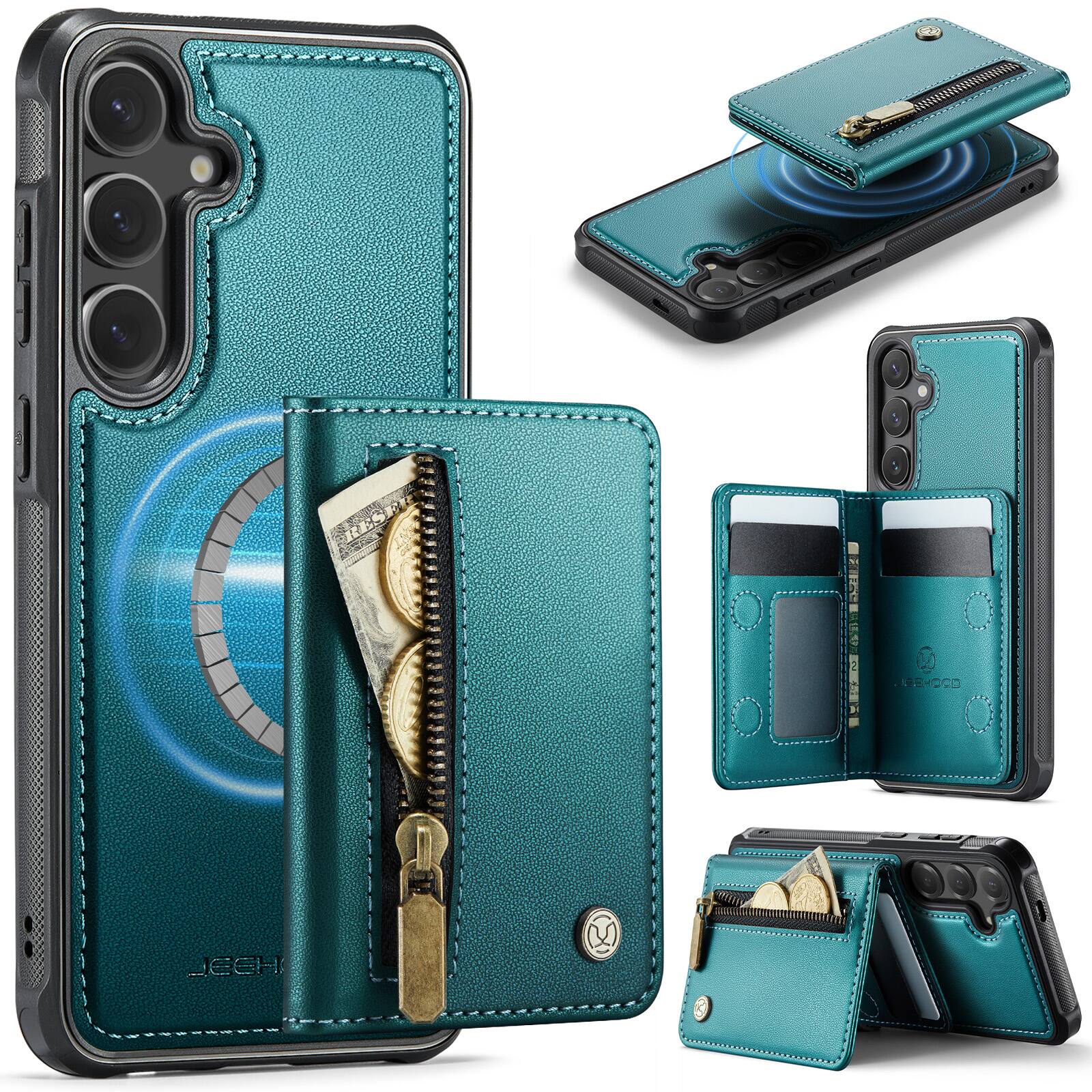 Dteck - Magnetic Wallet Phone Case for Samsung Galaxy S25+,Slim Detachable Zipper Card Holder RFID PU Leather Shockproof Cover - Blue