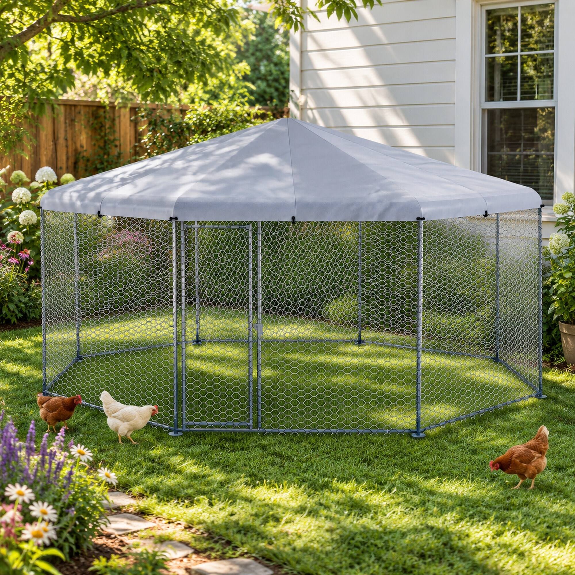 Alt View 1. RYHNUYNE - 17 ft x 15.7 ft x 9 ft Walk-In Metal Chicken Coop, Waterproof Anti-UV Cover, Lockable Door, Rust-Resistant Frame.
