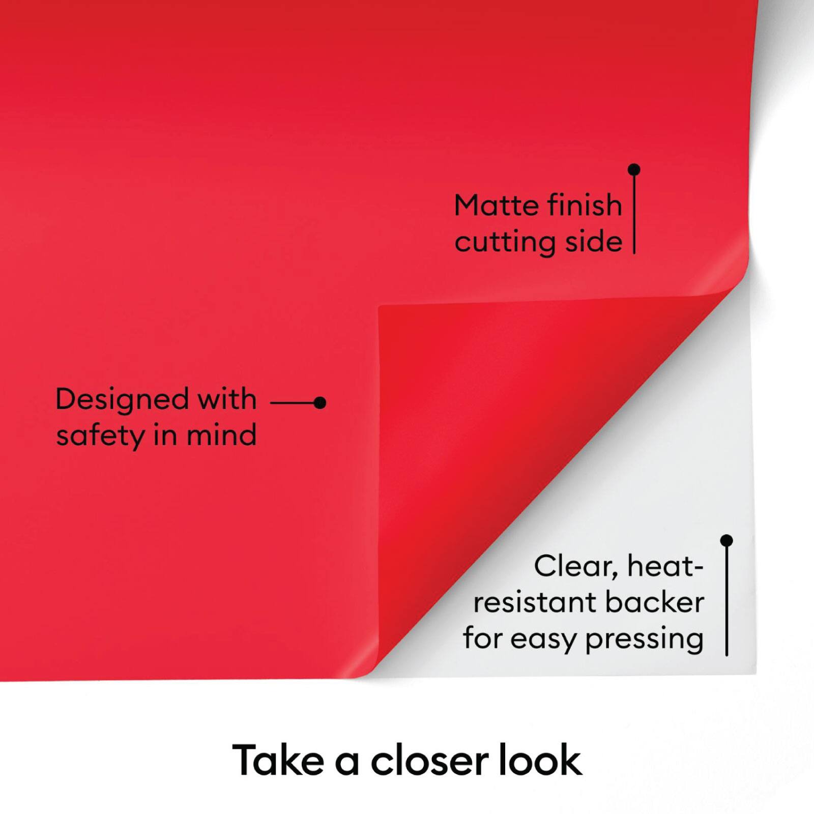 Matte finish cutting side  
Designed with safety in mind  
Clear, heat-resistant backer for easy pressing  

Take a closer look