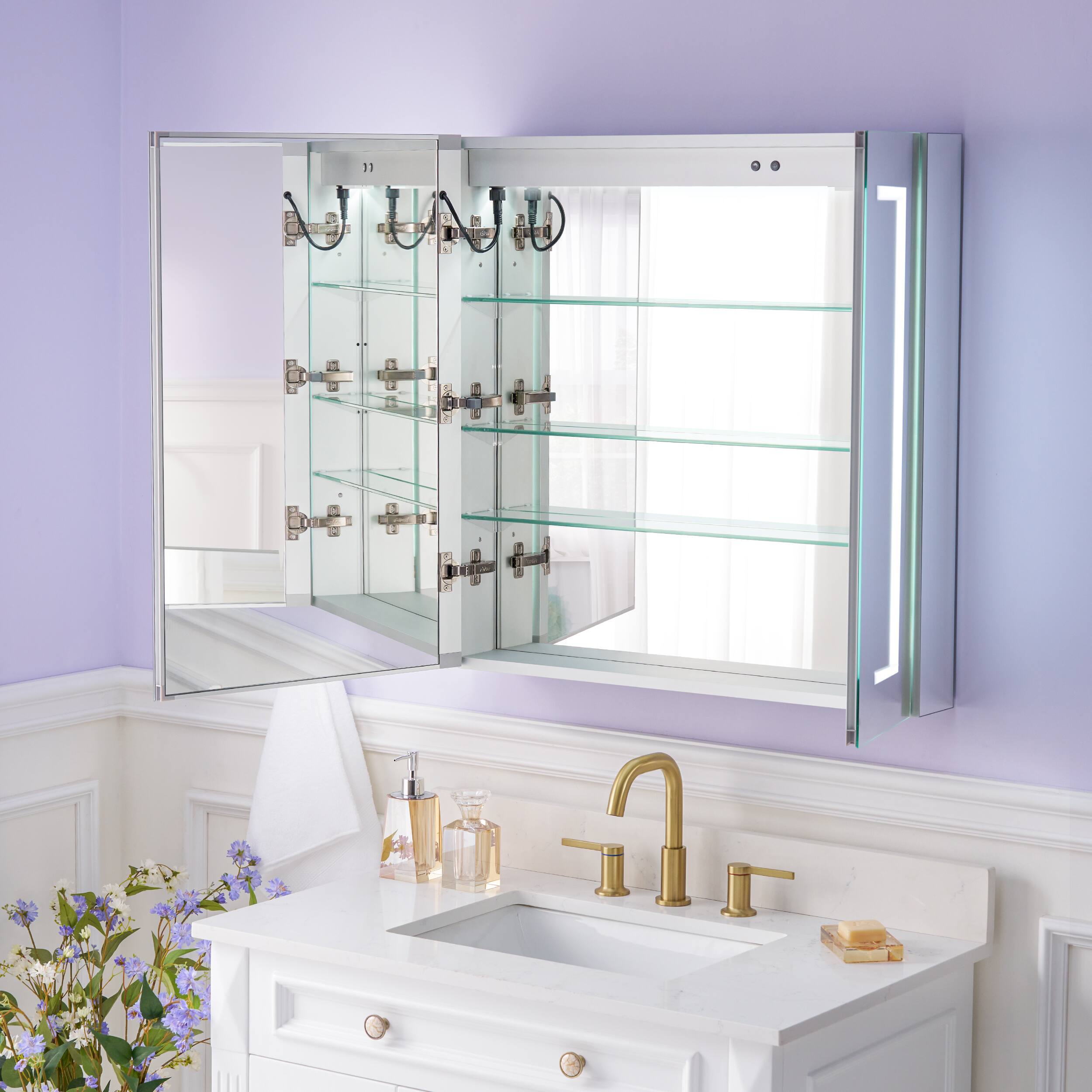 Back. WELLFOR - 30 in. W x 30 in. H Aluminum Recessed or Surface Mount Medicine Cabinet with Mirror and Lighted - Silver.