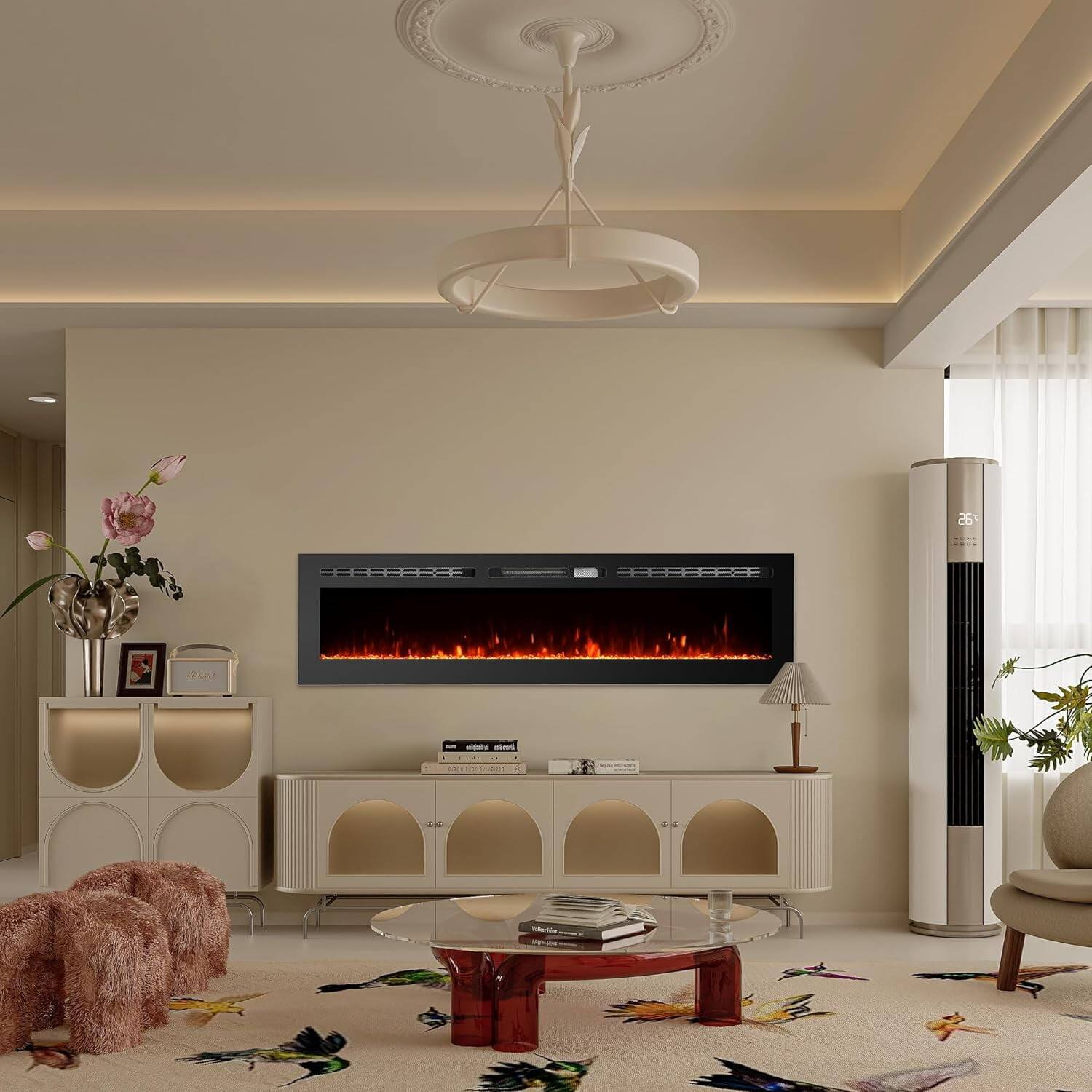 Angle. Qeetex - 60" Wall Mount Electric Fireplace, Dual Heat 750W/1500W, 12 Flame Colors, Remote & WiFi Control - Black.