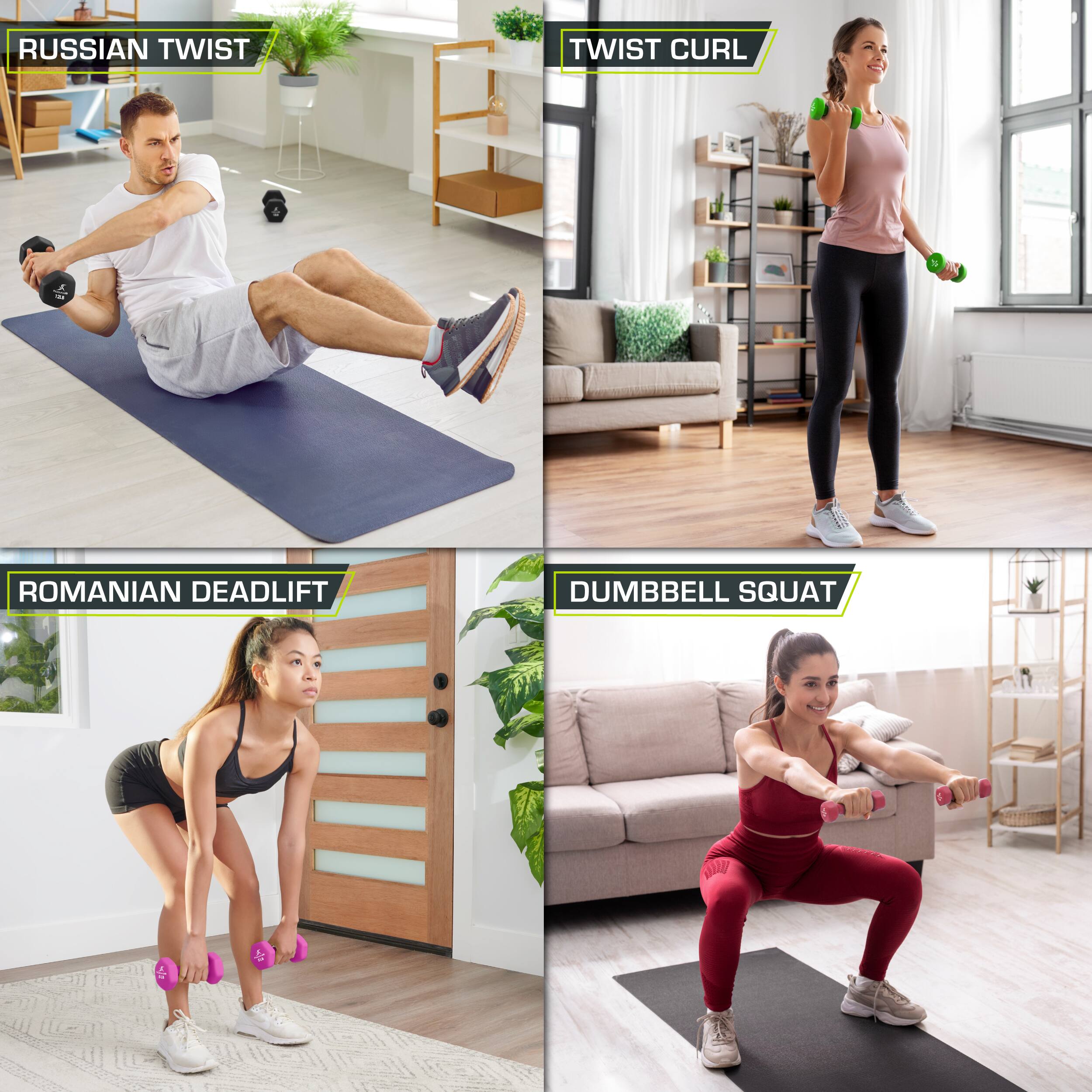 RUSSIAN TWIST, TWIST CURL, ROMANIAN DEADLIFT, DUMBBELL SQUAT