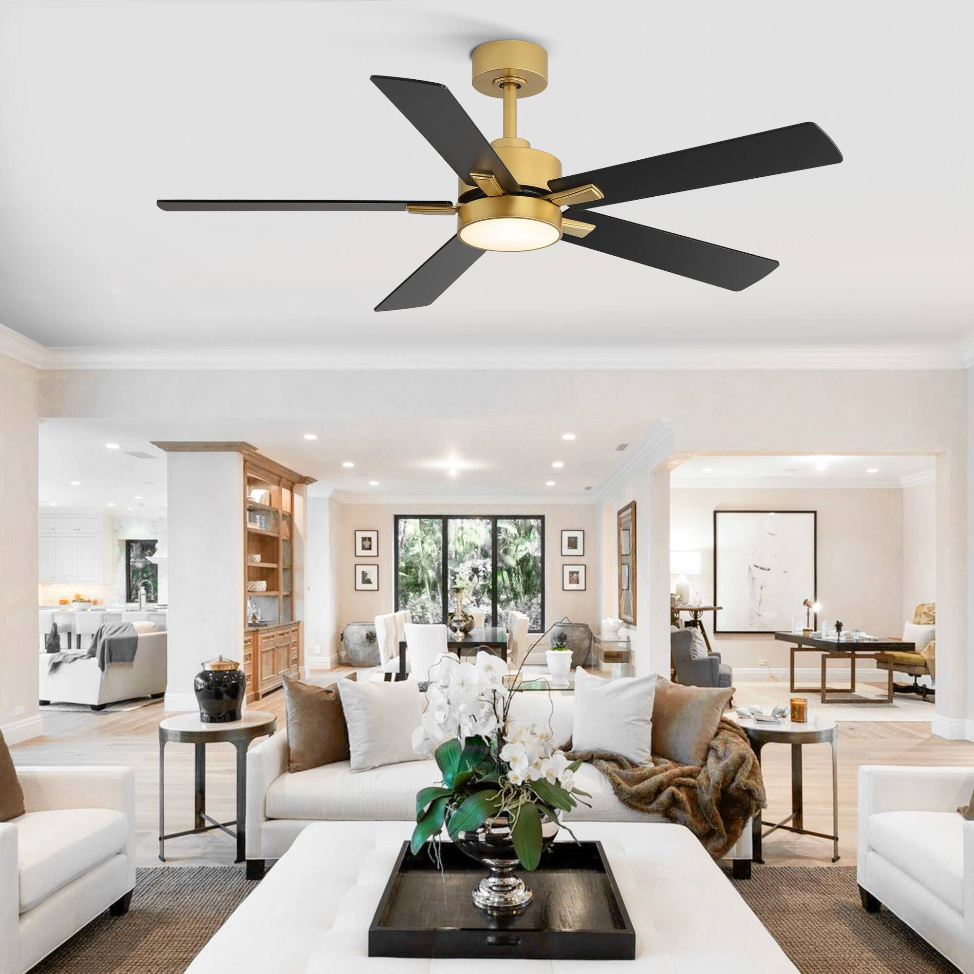 Back. Breezary - 52" Modern Indoor Ceiling Fan with LED Light, 5 Reversible Plywood Blades, 6-Speed DC Motor, Remote, Timer, 5" Downrod - Gold and Matte Black.
