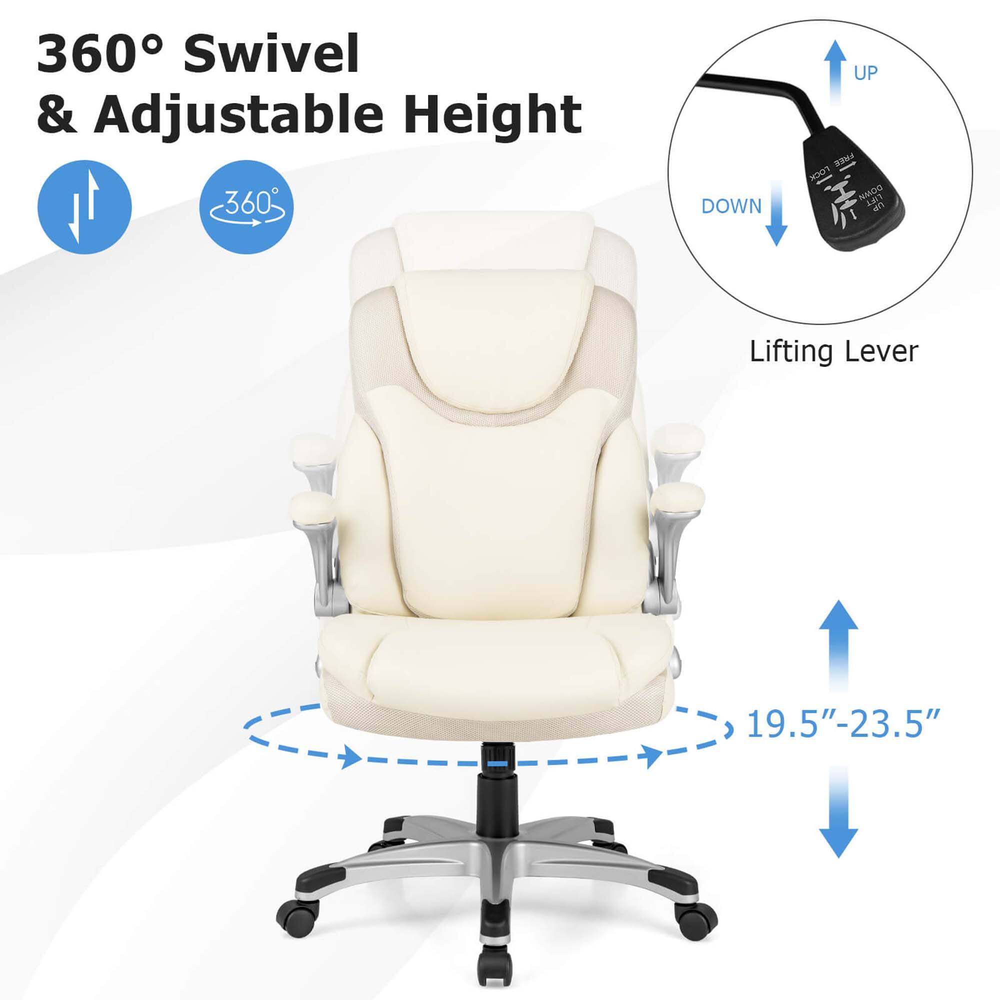 The image features a white office chair with a 360-degree swivel and adjustable height. The chair has a 19.5"-23.5" lifting lever, which allows for easy adjustment of the chair's height. The chair is designed to provide comfort and support for the user, making it an ideal choice for a home or office setting.