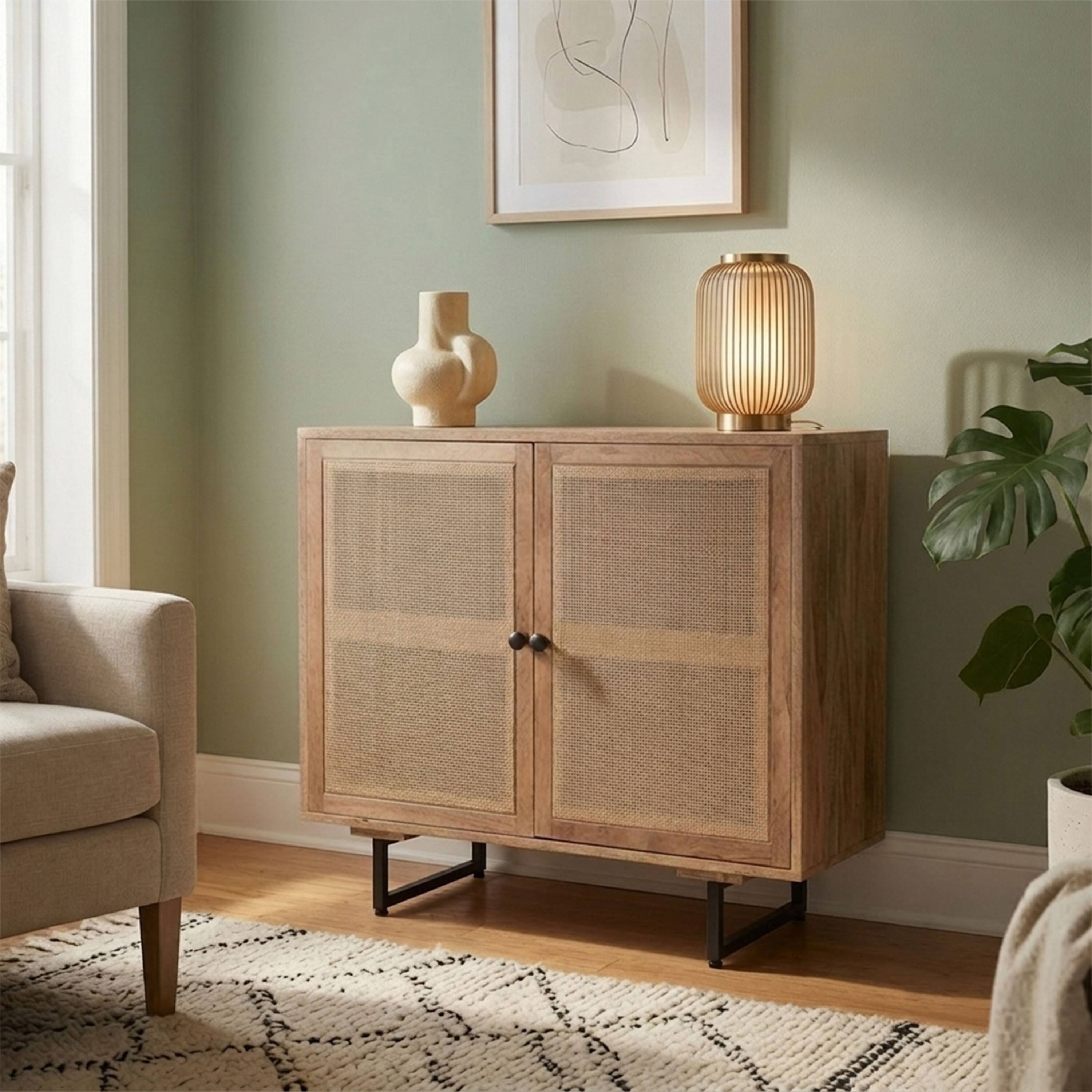 Alt View 6. Manhattan Lane - 35 Inch Handcrafted Accent Cabinet with 2 Mesh Rattan Doors - Brown, Black.