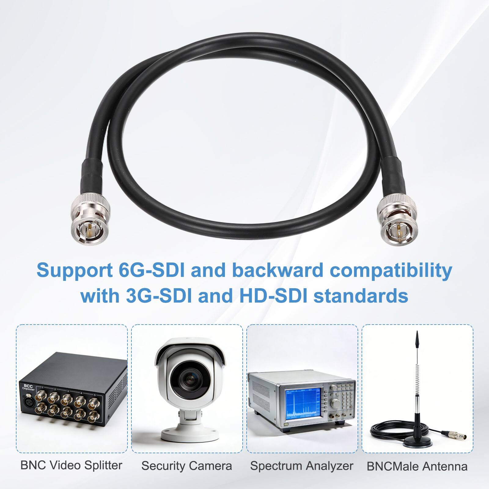 Support 6G-SDI and backward compatibility with 3G-SDI and HD-SDI standards

- BNC Video Splitter
- Security Camera
- Spectrum Analyzer
- BNC Male Antenna