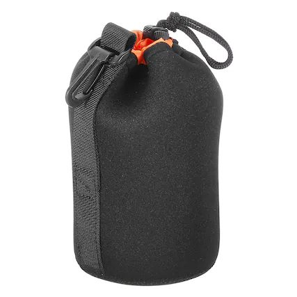 Front. Unique Bargains - Camera Lens Bag, 1pc 3.7"x7.1" Drawstring Pouch with Thick Neoprene for DSLR Lens, Water Coffee Cups - Black Orange.