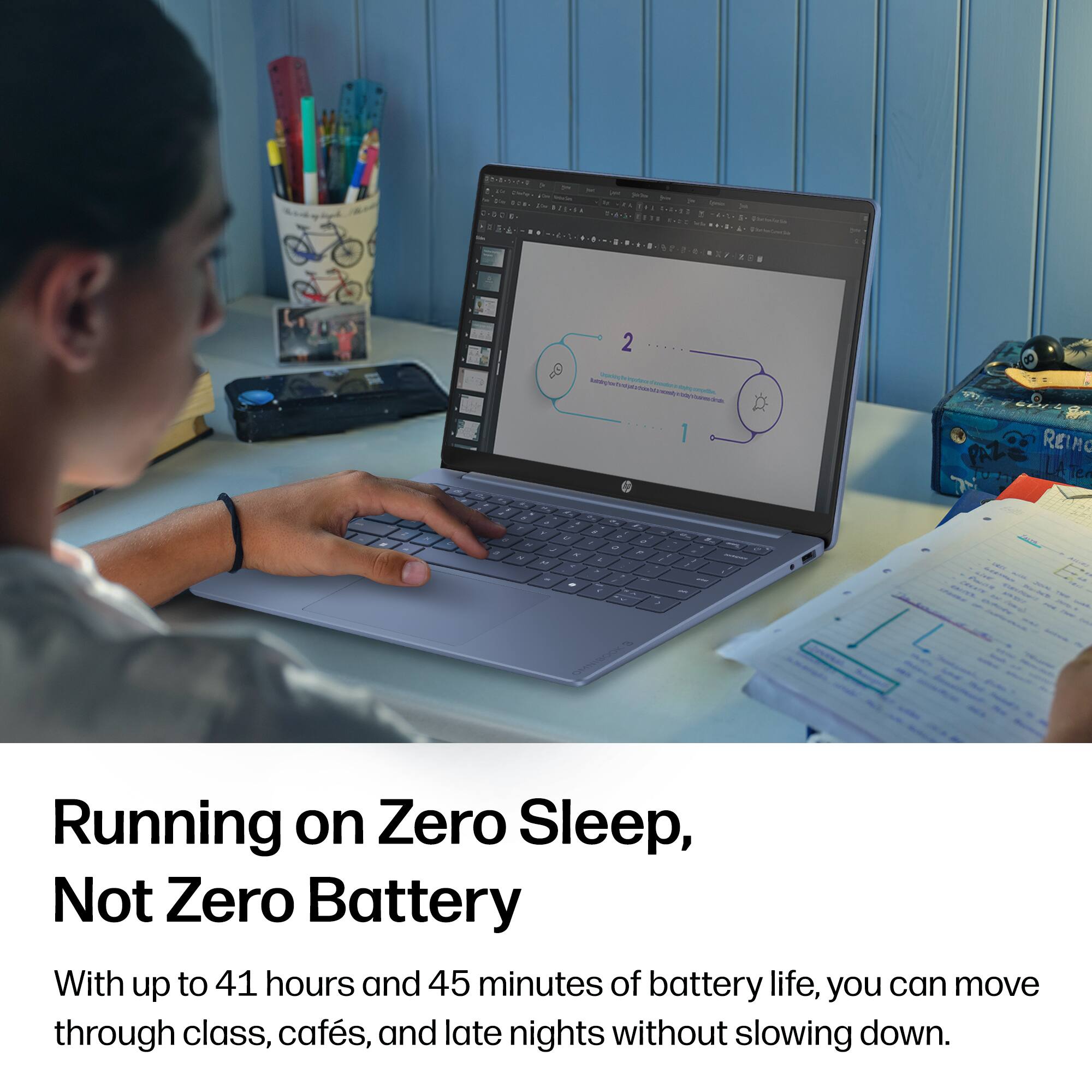 Running on Zero Sleep, Not Zero Battery

With up to 41 hours and 45 minutes of battery life, you can move through class, cafés, and late nights without slowing down.
