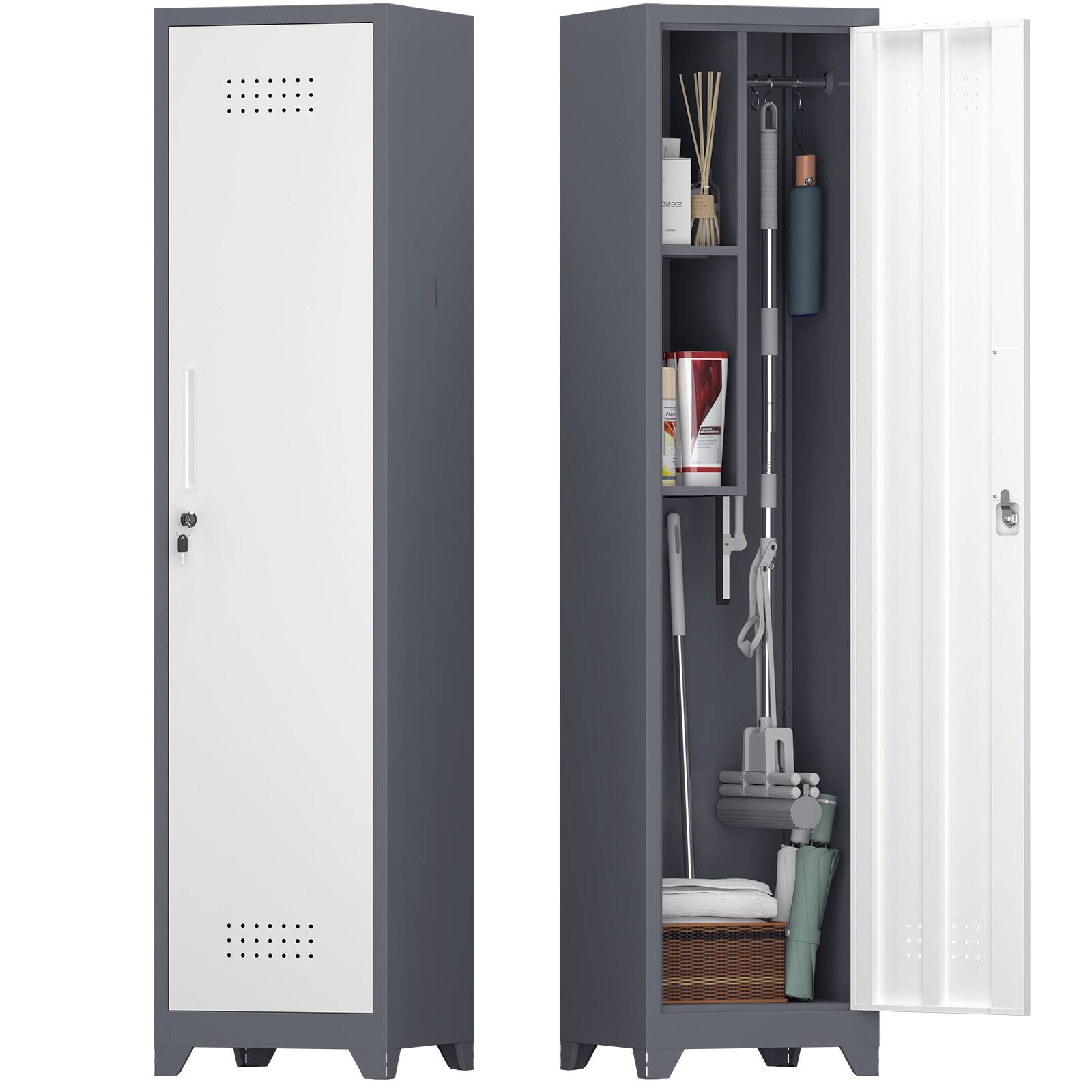 Alt View 3. Forest'nSky - 65" Narrow Broom Storage Cabinet with Hooks & Shelves - Heavy-Duty Metal Utility Organizer - White.