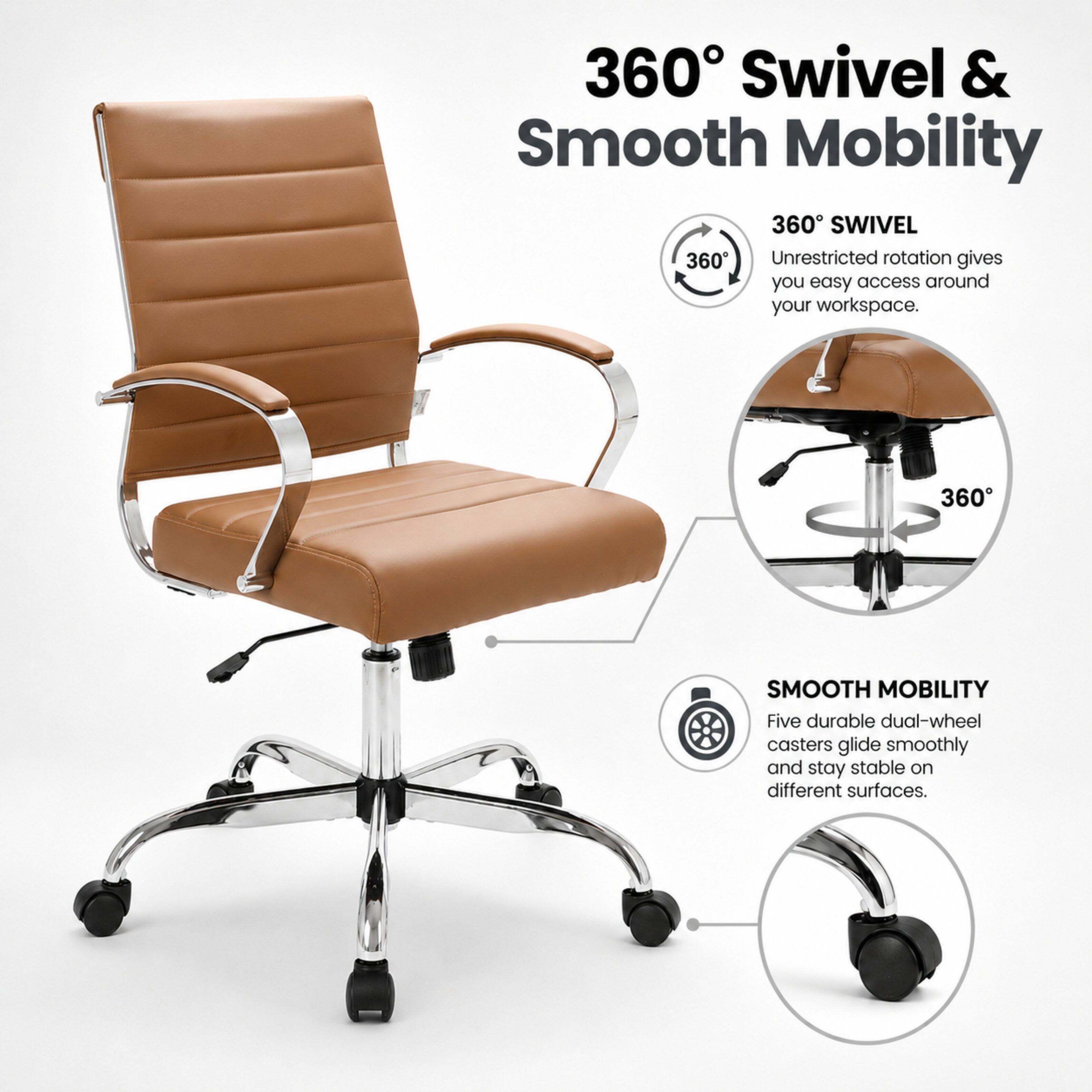 360° Swivel & Smooth Mobility

360° SWIVEL
Unrestricted rotation gives you easy access around your workspace.

SMOOTH MOBILITY
Five durable dual-wheel casters glide smoothly and stay stable on different surfaces.