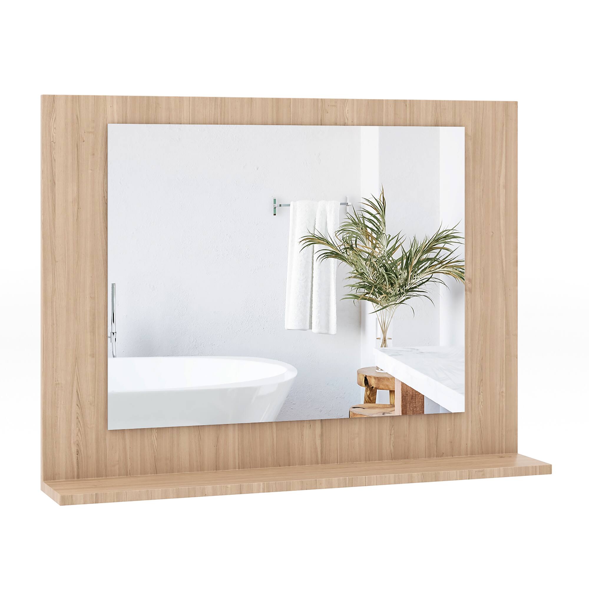 Front. Gymax - Gymax Bathroom Mirror w/ Shelf 23.5'' x 17.5'' Rectangle Wood Frame Vanity Mirror Natural - Natural.