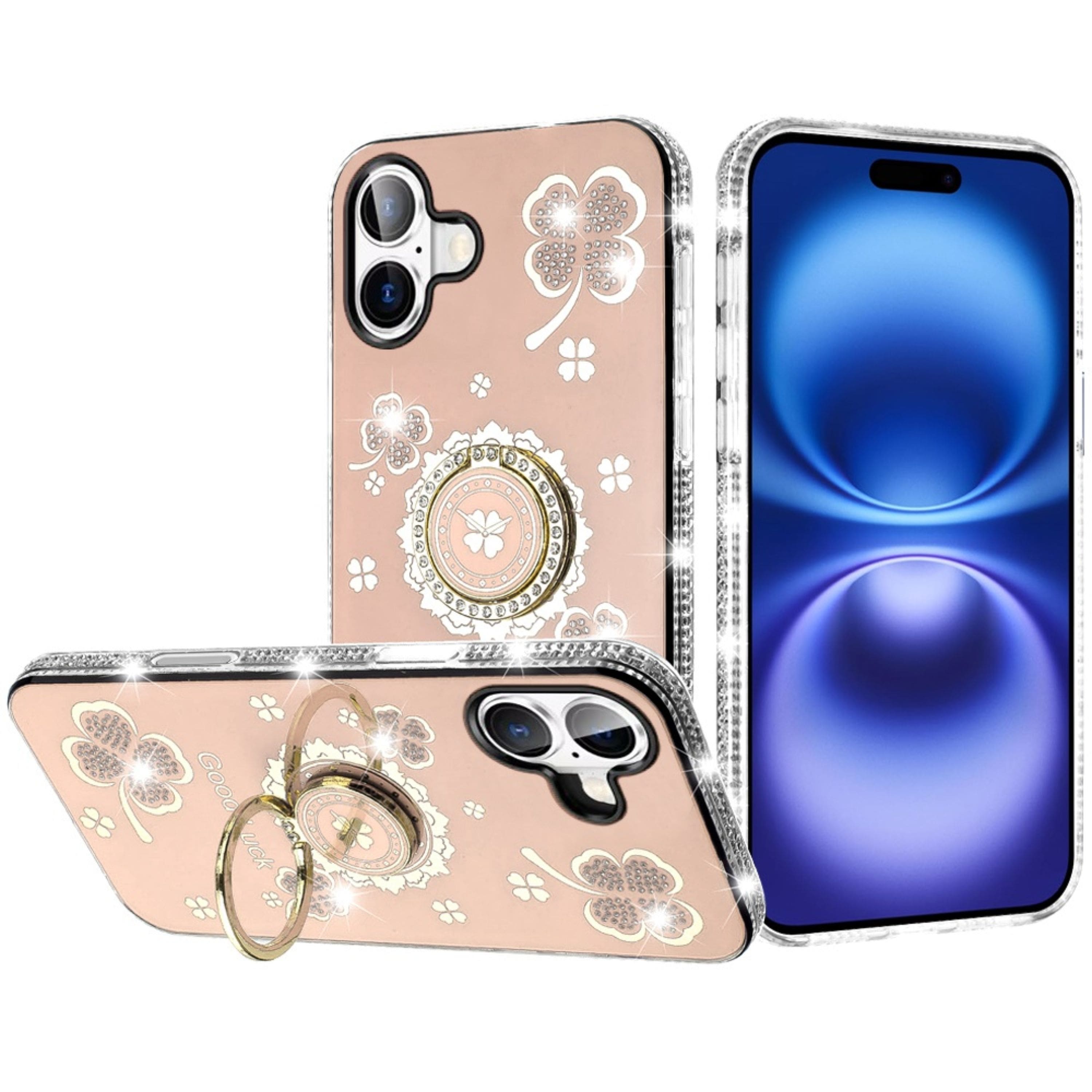 Kitcheniva - Crystal Studded Ring Stand Bling Phone Cover Plus Tempered Glass For iPhone 17 - Rose Gold price history on PriceWatchPro