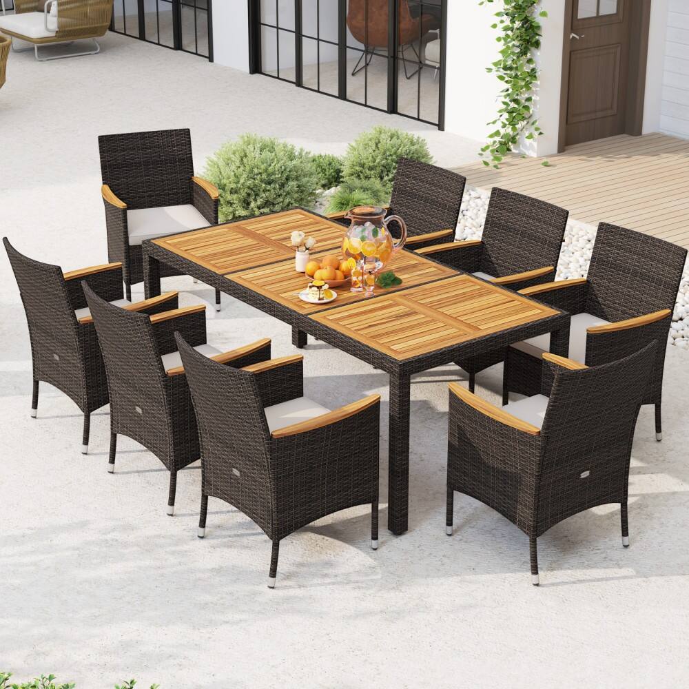 Left. Mondawe - 9 Piece Outdoor Dining Set with Acacia Wood Table Top - Beige.