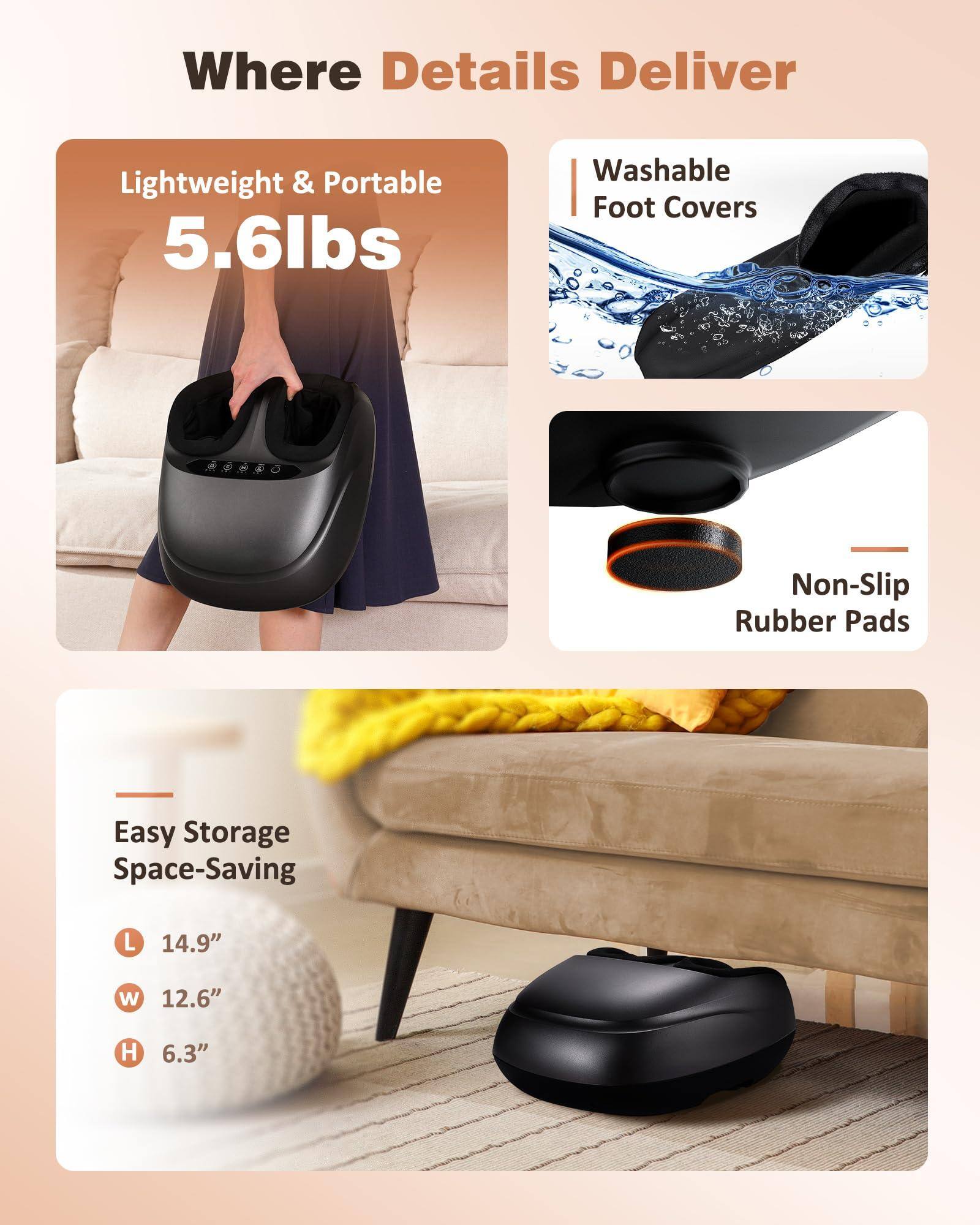 Where Details Deliver

Lightweight & Portable  
5.6lbs

Washable Foot Covers

Non-Slip Rubber Pads

Easy Storage Space-Saving  
L 14.9"  
W 12.6"  
H 6.3"