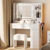 Front. Furologee - 34" W Vanity Desk Set With Led Lighted Mirror Power Outlet Makeup Table Top with 3 Open Bookcases 2 Drawers Dress - White.