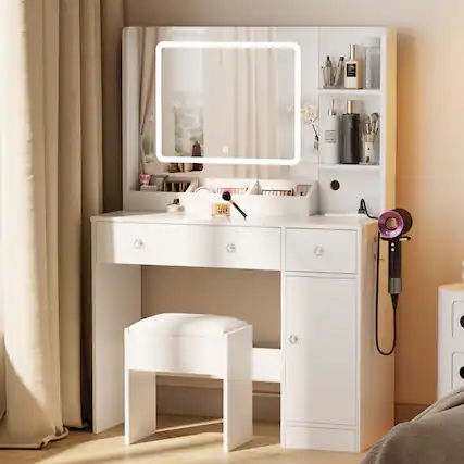 Front. Furologee - 34" W Vanity Desk Set With Led Lighted Mirror Power Outlet Makeup Table Top with 3 Open Bookcases 2 Drawers Dress - White.