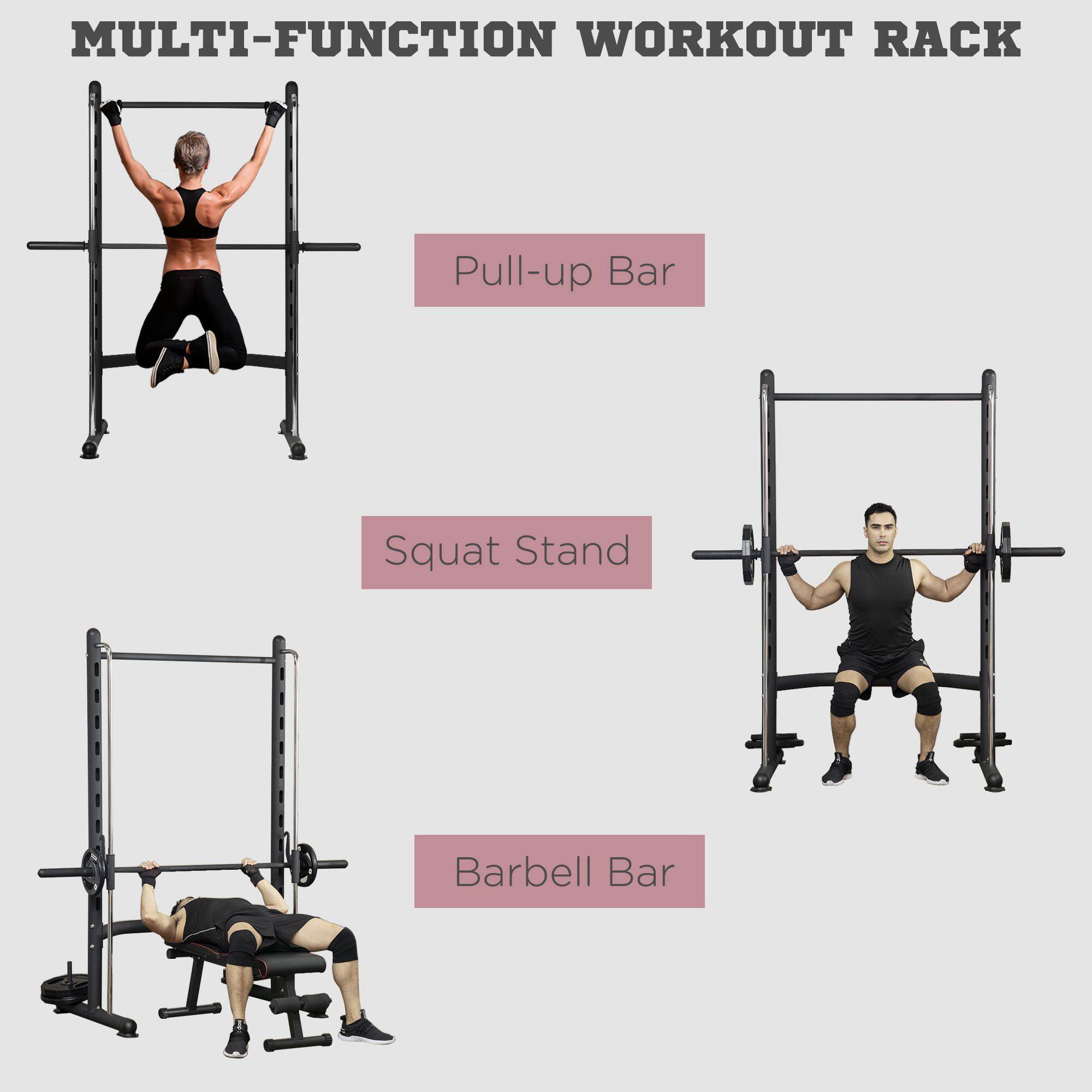 The text on the image can be grouped and corrected as follows:

- **MULTI-FUNCTION WORKOUT RACK**
  - **Pull-up Bar**
  - **Squat Stand**
  - **Barbell Bar**