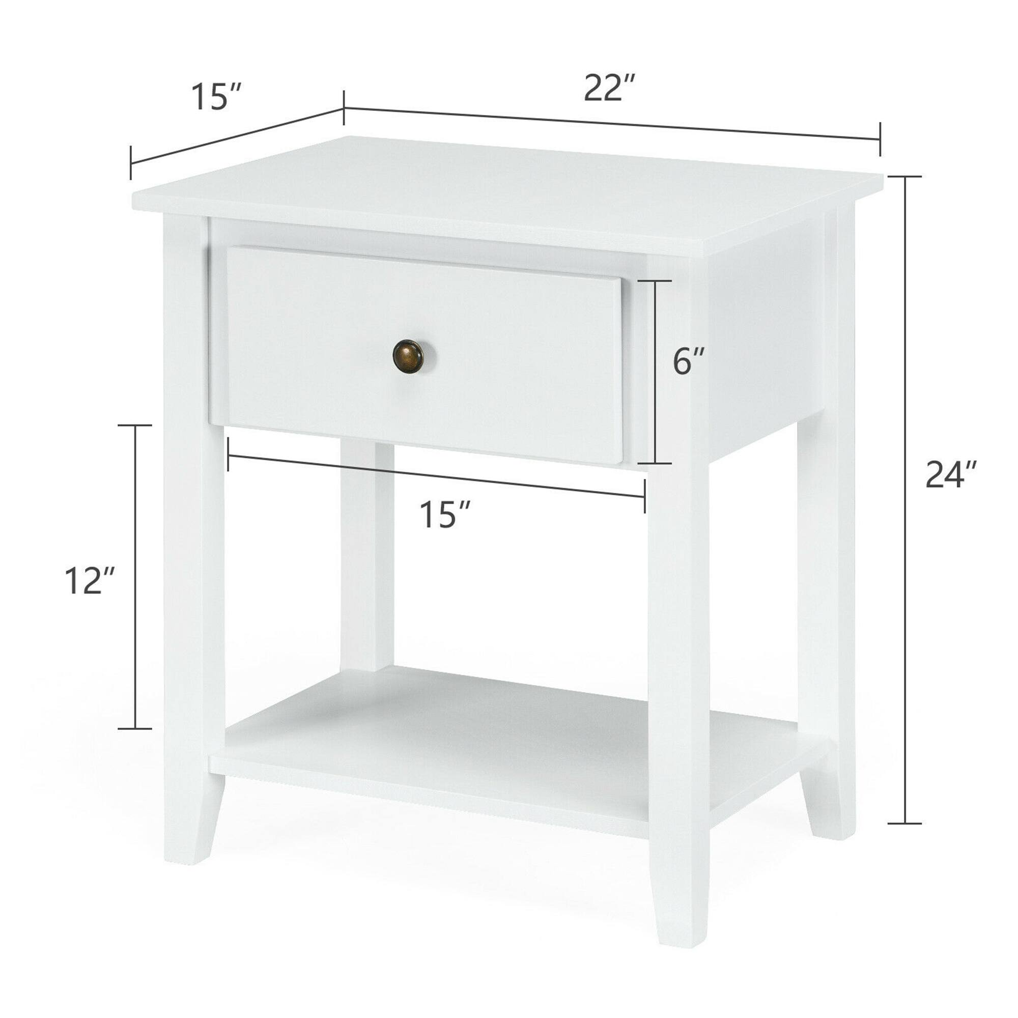 The dimensions of the table are:

- Width: 22"
- Depth: 15"
- Height: 24"
- Drawer Height: 6"
- Shelf Height: 12"