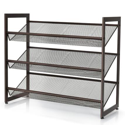 Front. Kadyn - 2/3/4 Tiers Flat and Slant Metal Shoe Rack for Entryway Hallway-3-Tier, Space-Saving Shoe Rack Organizer for Entryway - Brown.