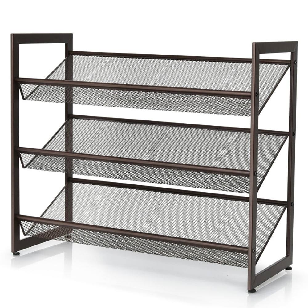 Front. Kadyn - 2/3/4 Tiers Flat and Slant Metal Shoe Rack for Entryway Hallway-3-Tier, Space-Saving Shoe Rack Organizer for Entryway - Brown.