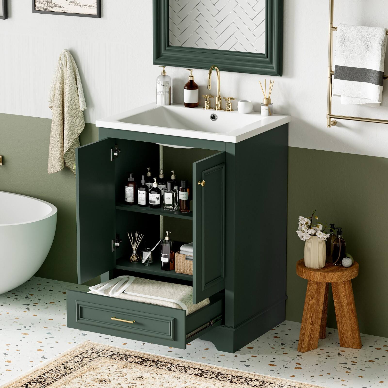 Alt View 8. Glintex - 24'' Bathroom Vanity with Ceramic Sink Combo,Freestanding Storage Cabinet  with Silver Handles,  Soft Closing Doors - Green.