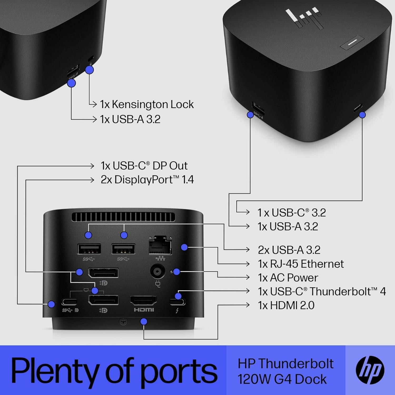 1x Kensington Lock  
1x USB-A 3.2  
1x USB-C DP Out  
2x DisplayPort 1.4  
1x USB-C 3.2  
1x USB-A 3.2  
2x USB-A 3.2  
1x RJ-45 Ethernet  
1x AC Power  
1x USB-C Thunderbolt 4  
1x HDMI 2.0  

HP Thunderbolt 120W G4 Dock