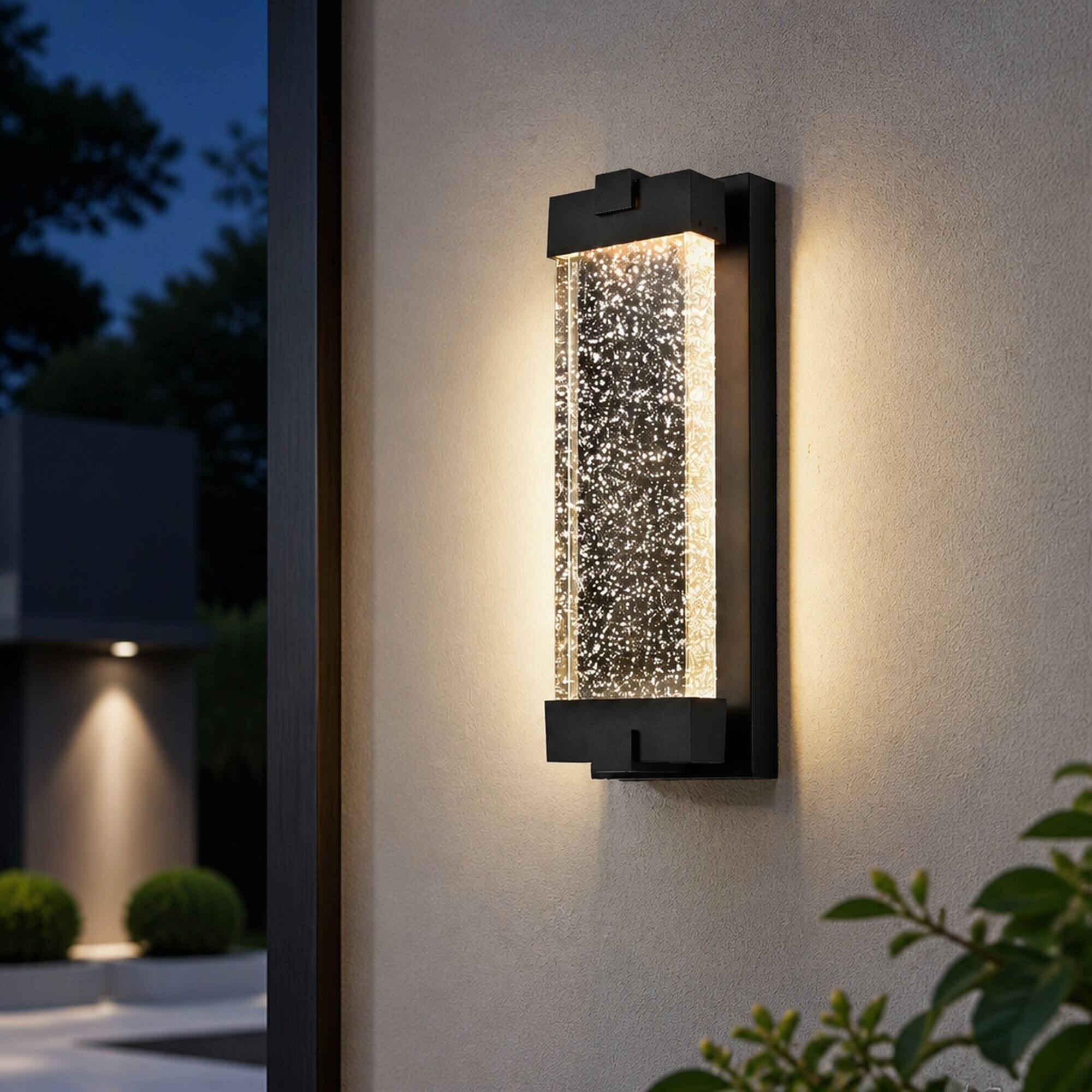 Back. RYHNUYNE - 19" Outdoor Wall Light with Bubble Crystal Glass – Black Aluminum LED Sconce, 3000K Warm Light, Weatherproof.