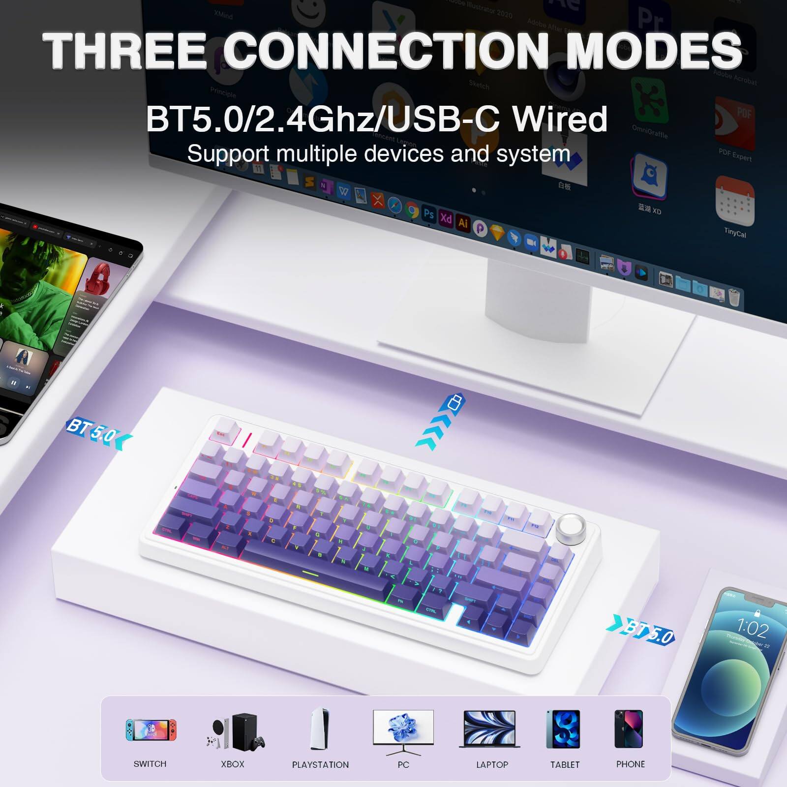 THREE CONNECTION MODES  
BT5.0/2.4Ghz/USB-C Wired  
Support multiple devices and system  

BT5.0  
SWITCH XBOX PLAYSTATION PC LAPTOP TABLET PHONE