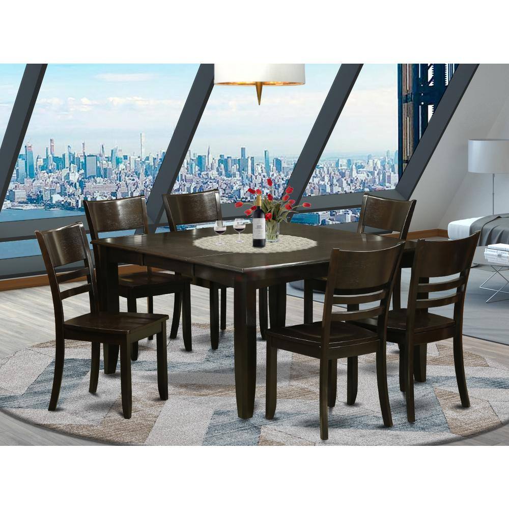 Back. East West Furniture - 7 PC Dining set-Dining Table with Leaf and 6 Dinette Chairs. - Cappuccino.