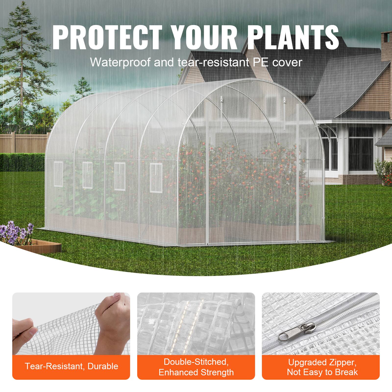PROTECT YOUR PLANTS
Waterproof and tear-resistant PE cover

Tear-Resistant, Durable
Double-Stitched, Enhanced Strength
Upgraded Zipper, Not Easy to Break