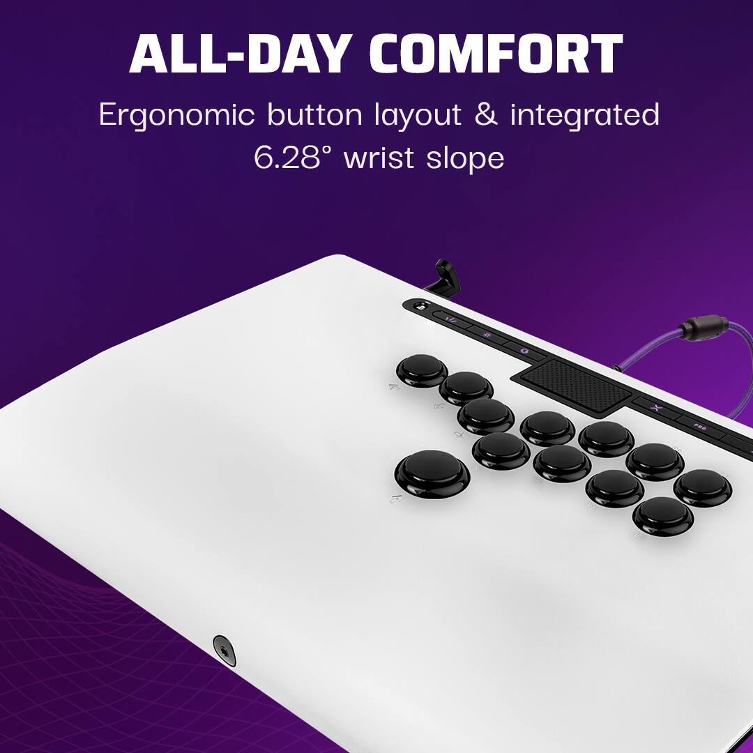 The text on the image reads "All-Day Comfort Ergonomic button layout & integrated 6.28 wrist slope."