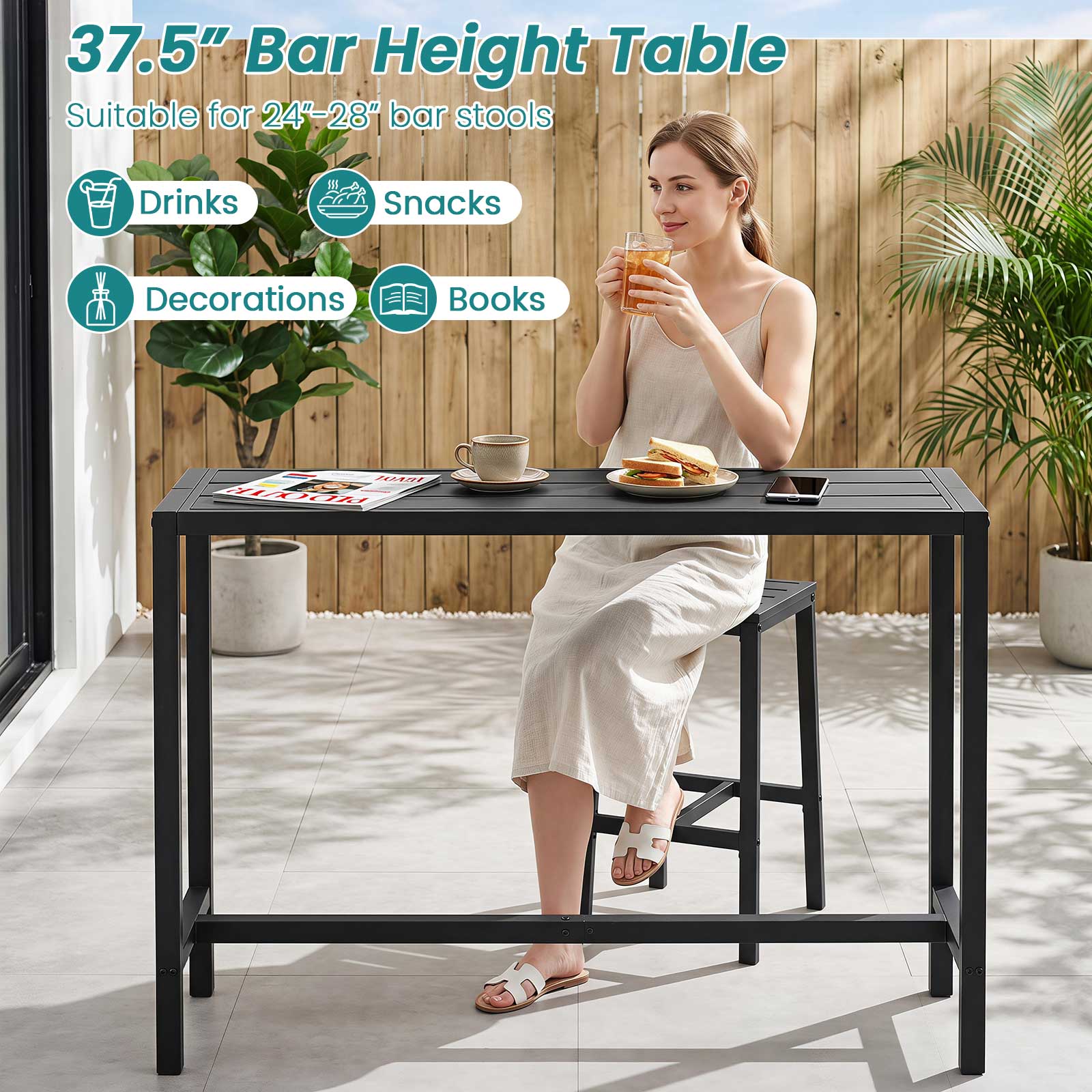37.5" Bar Height Table  
Suitable for 24"-28" bar stools  

Drinks  
Snacks  
Decorations  
Books