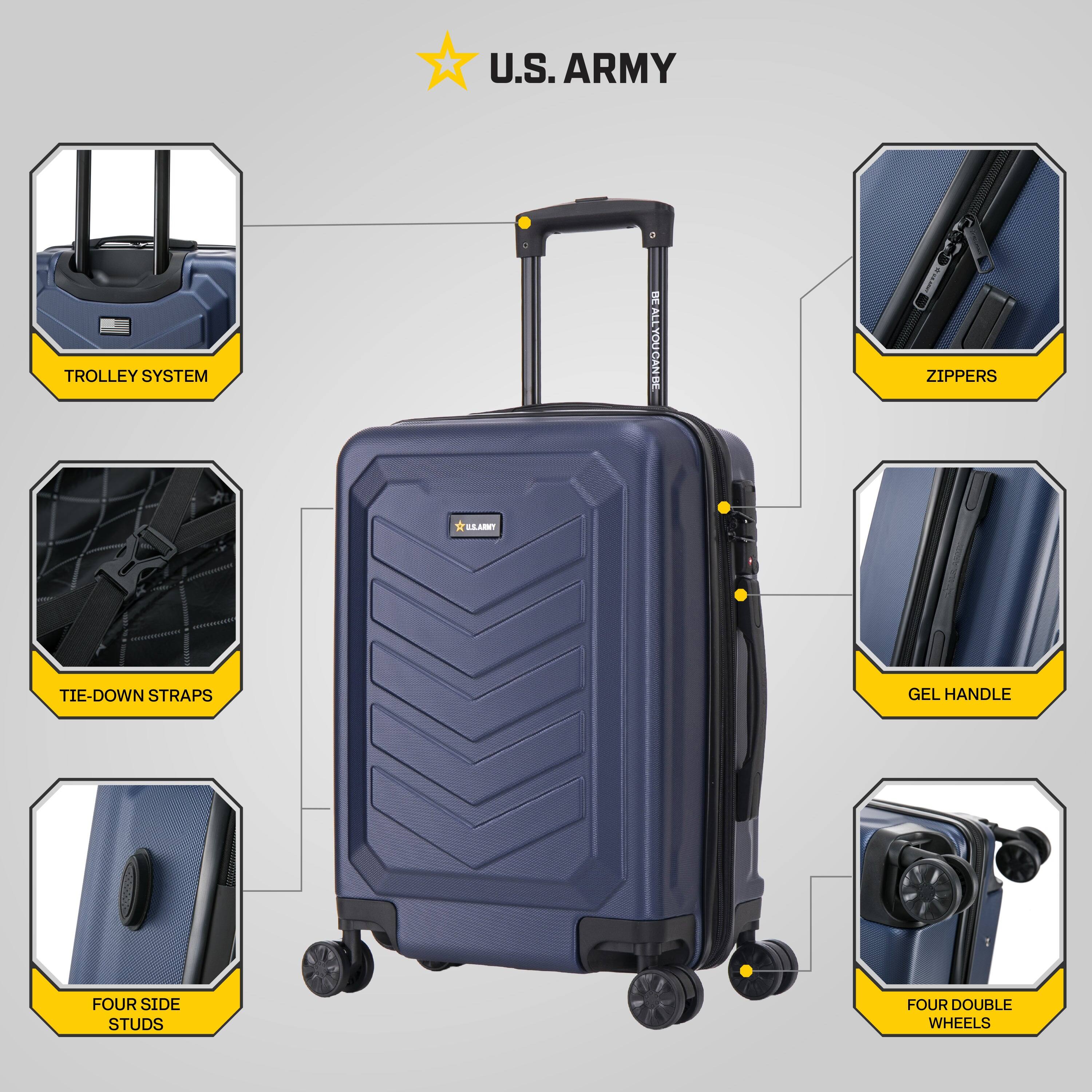 U.S. ARMY

- TROLLEY SYSTEM
- ZIPPER
- TIE-DOWN STRAPS
- FOUR SIDE STUDS
- GEL HANDLE
- FOUR DOUBLE WHEELS