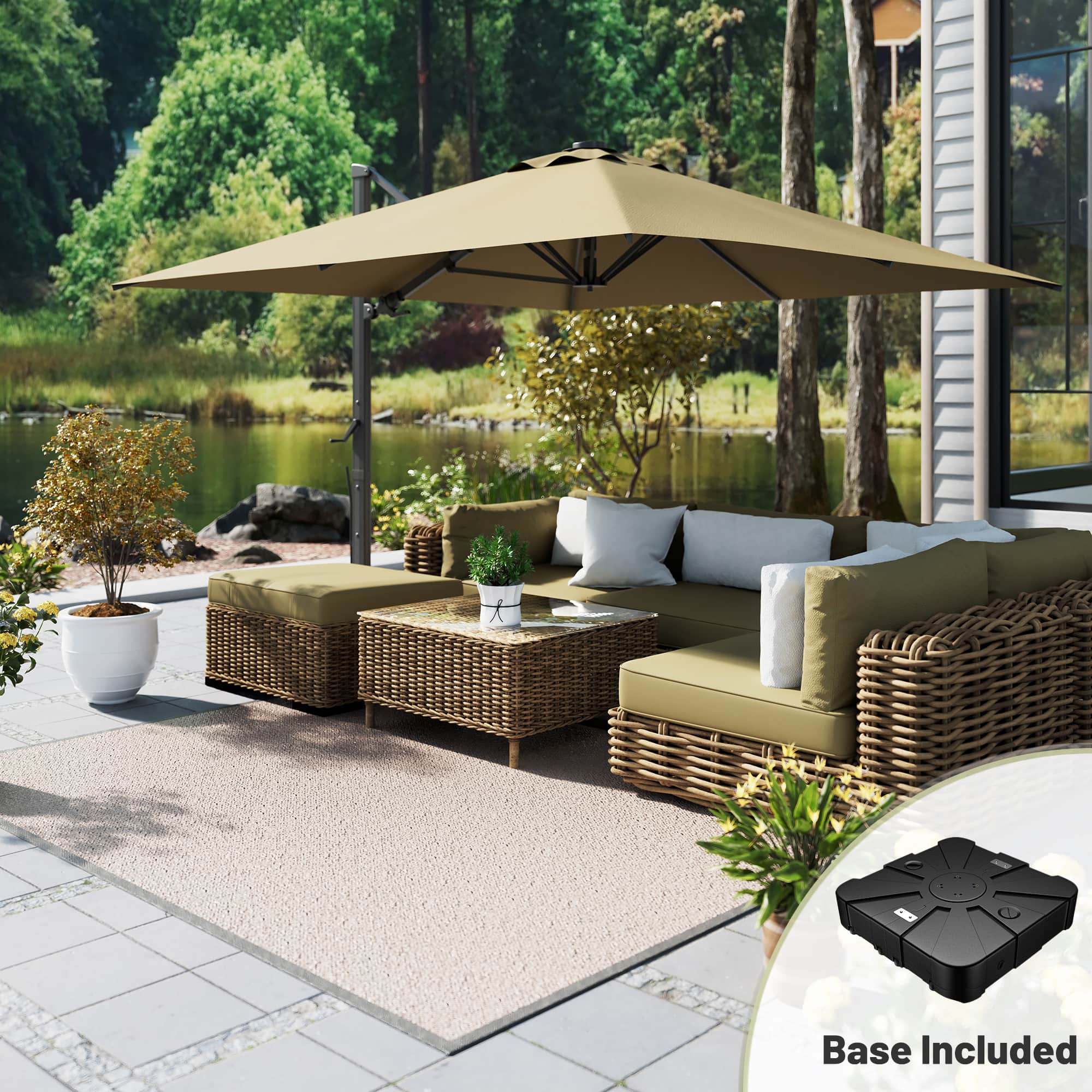 Mondawe - 10*10ft Large Patio Cantilever Umbrella with Bluetooth Speaker and Base - Tan