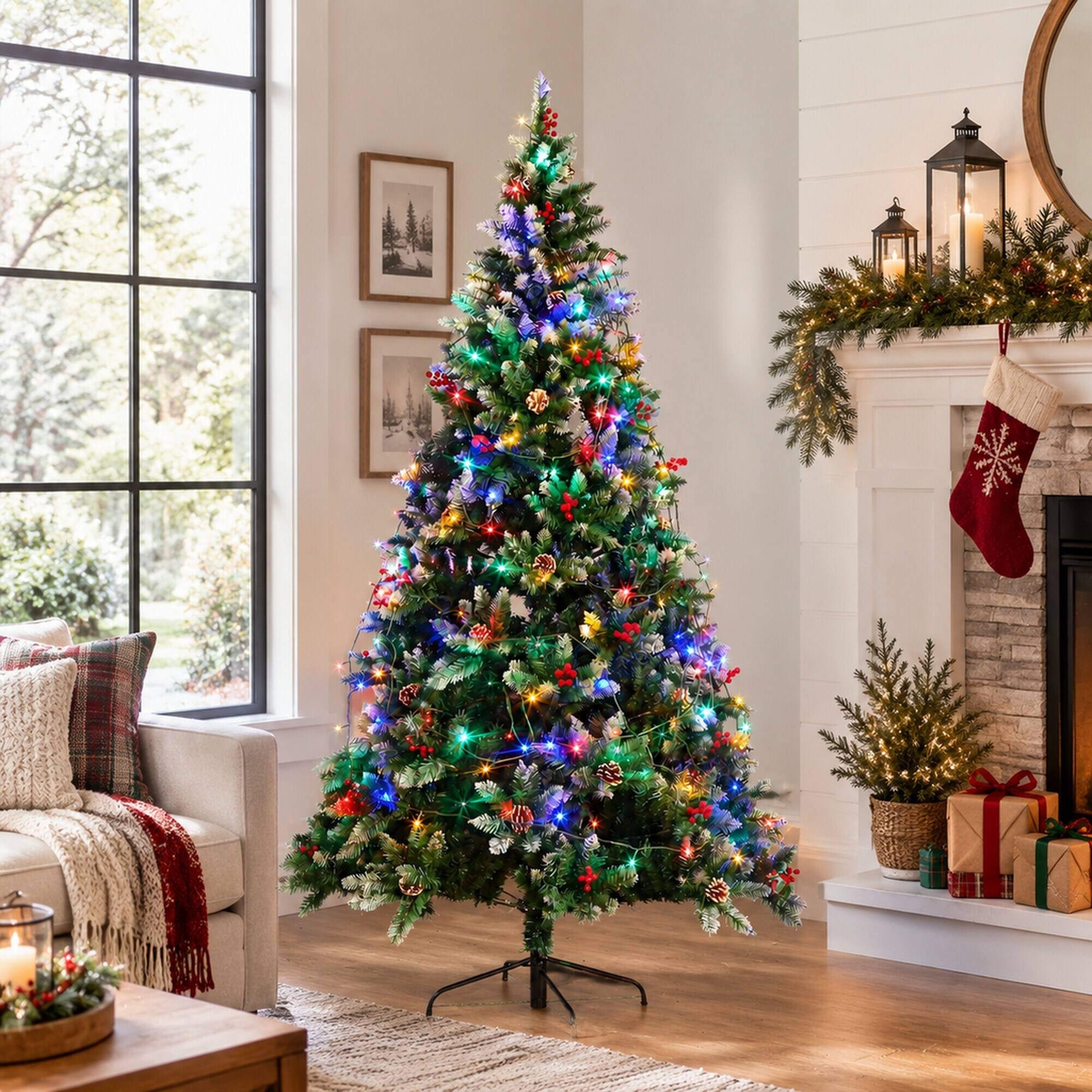 Back. RYHNUYNE - 7.5FT Pre-Lit Artificial Christmas Tree With 200 LED Lights and 1358 Tips, Green Metal Hinges and Foldable Base - Army Green.