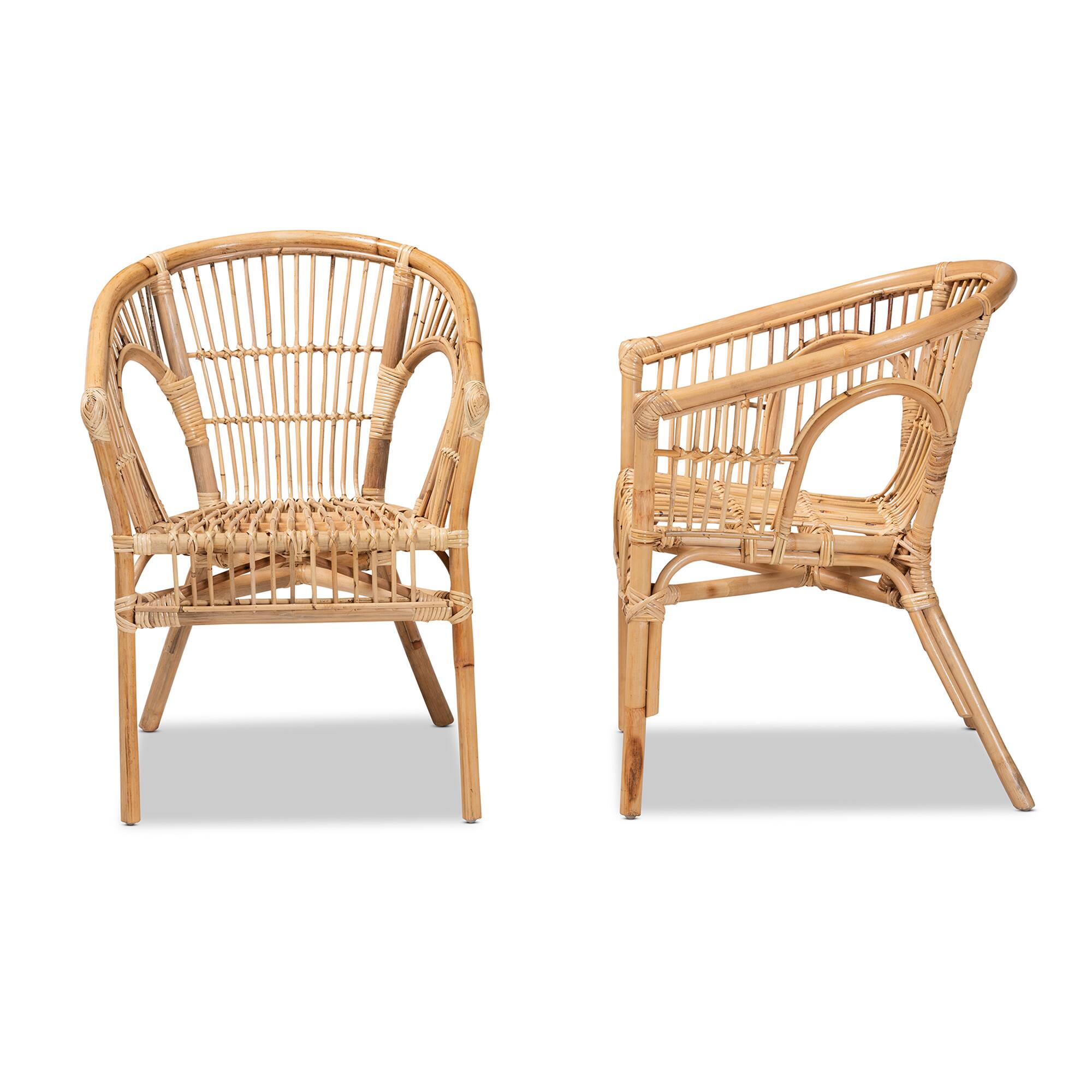 Left. bali & pari - Alleta Modern Bohemian Rattan 2-Piece Dining Chair Set - Natural Brown.