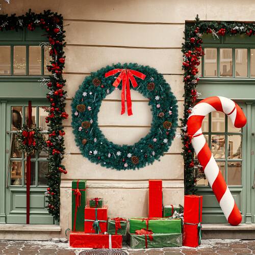 Alt View 6. Winado - 72in Pre-Lit Christmas Wreath with LED Lights, Bows, Ornaments for Door Wall Indoor Outdoor Holiday Party Decorations - Green.