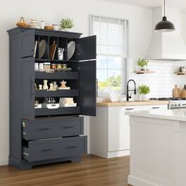 Forest'nSky - 72.6" Farmhouse Kitchen Pantry, 40" Wide with Pull-Out Trays & Cake Pan Storage Organizer, Grey - Gray